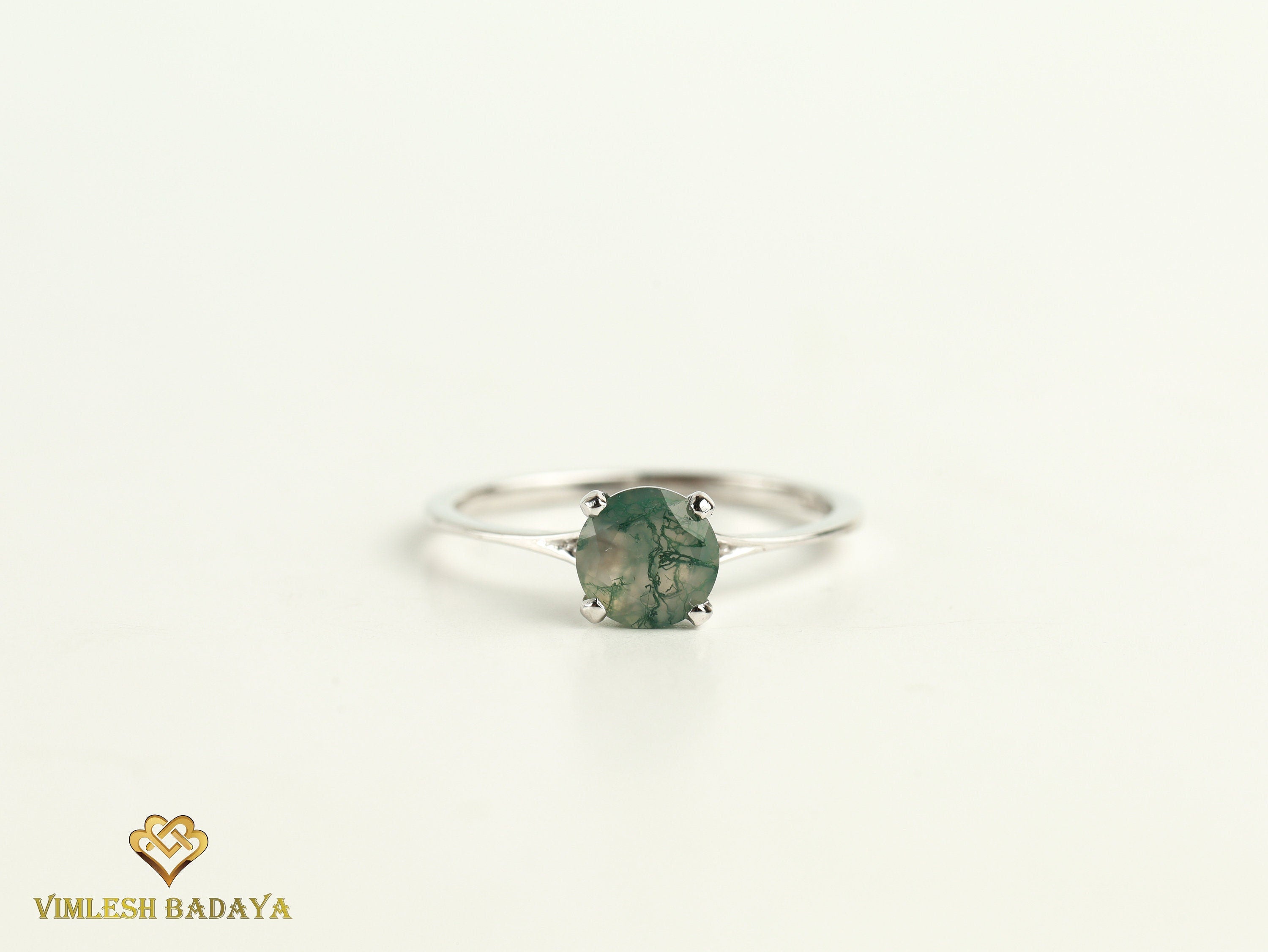 Moss Agate Solitaire Engagement Ring | Round Cut Moss Agate Ring | Handmade Anniversary Ring -