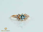 Aquamarine Diamond Cluster Engagement Ring | Square Aquamarine Diamond Ring -