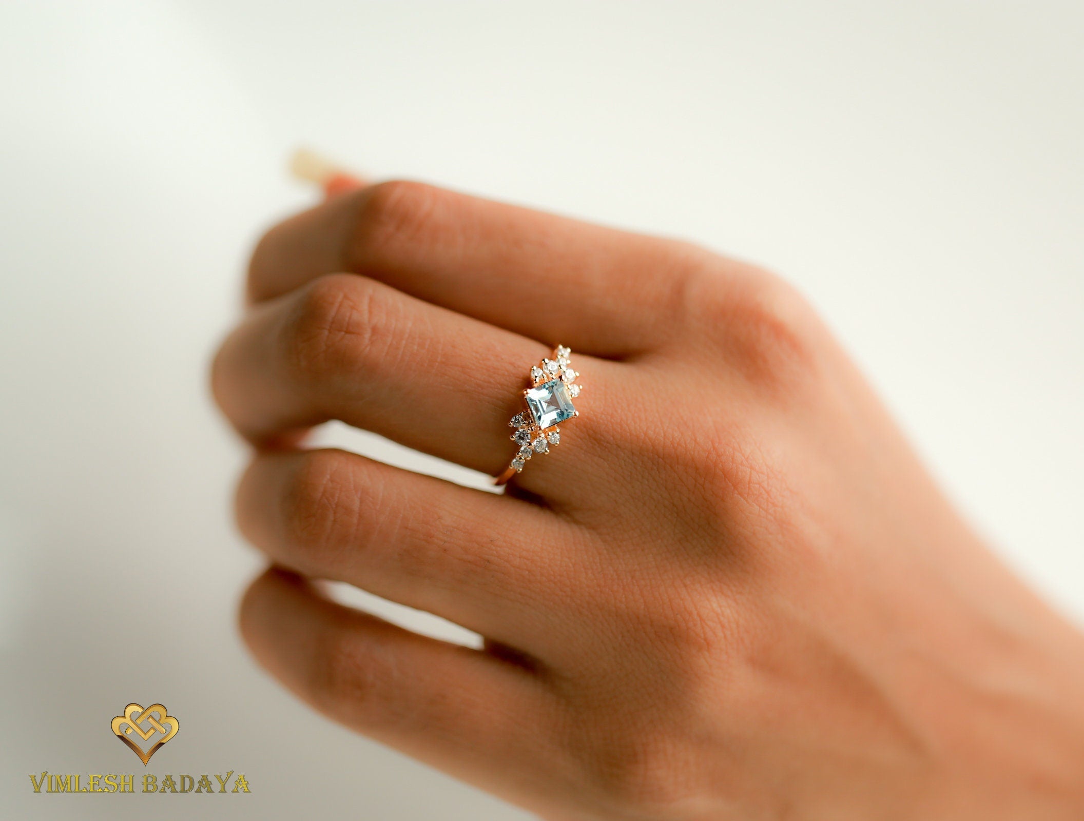 Aquamarine Diamond Cluster Engagement Ring | Square Aquamarine Diamond Ring -