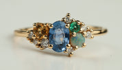 Blue Sapphire Cluster Ring | Australian Opal & Sapphire Engagement Ring | 14k Gold -