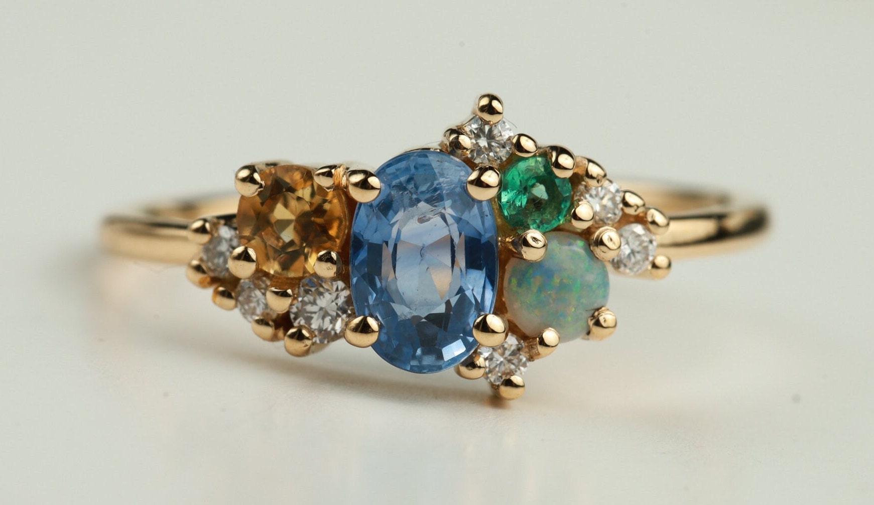 Blue Sapphire Cluster Ring | Australian Opal & Sapphire Engagement Ring | 14k Gold -