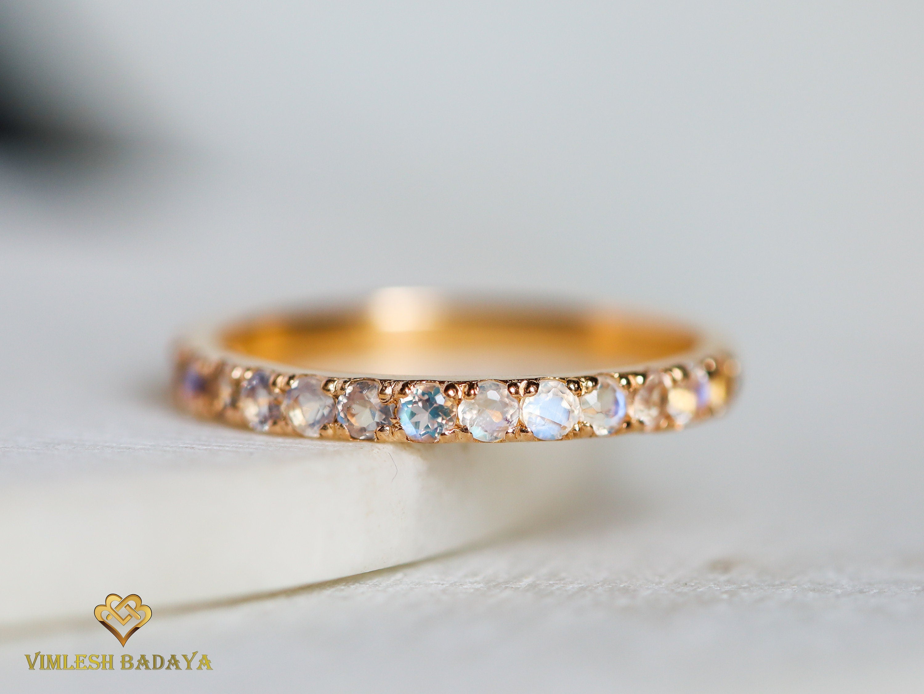 Rainbow Moonstone Wedding Band | Half Eternity | 14k Gold Pave -