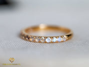 Rainbow Moonstone Wedding Band | Half Eternity | 14k Gold Pave -