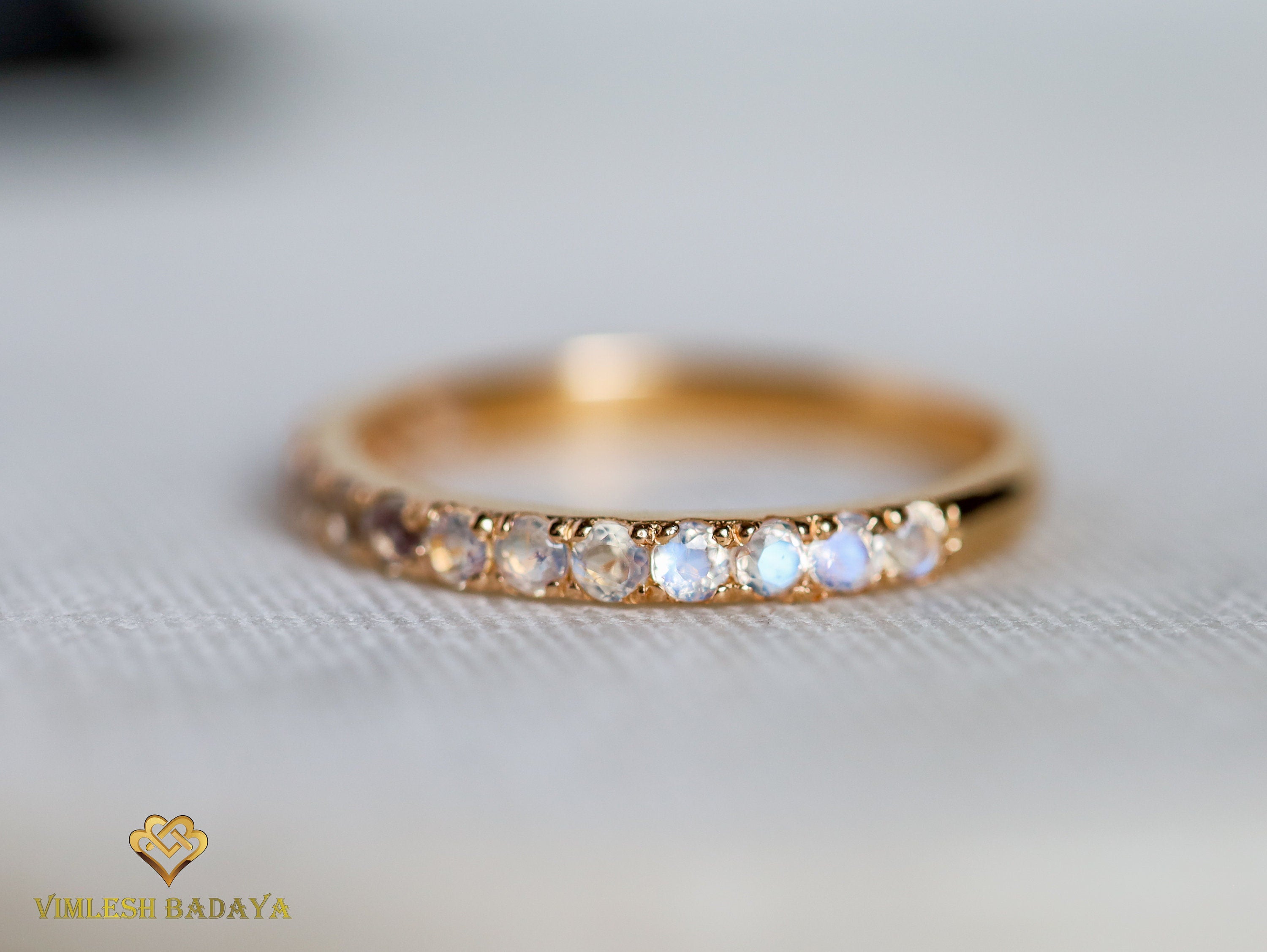 Rainbow Moonstone Wedding Band | Half Eternity | 14k Gold Pave -