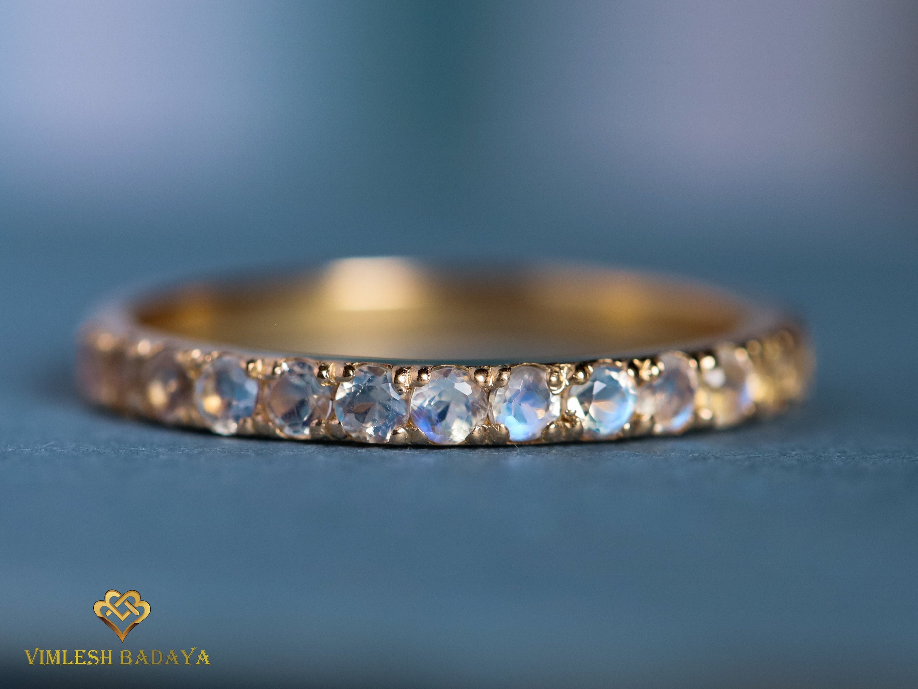 Rainbow Moonstone Wedding Band | Half Eternity | 14k Gold Pave -