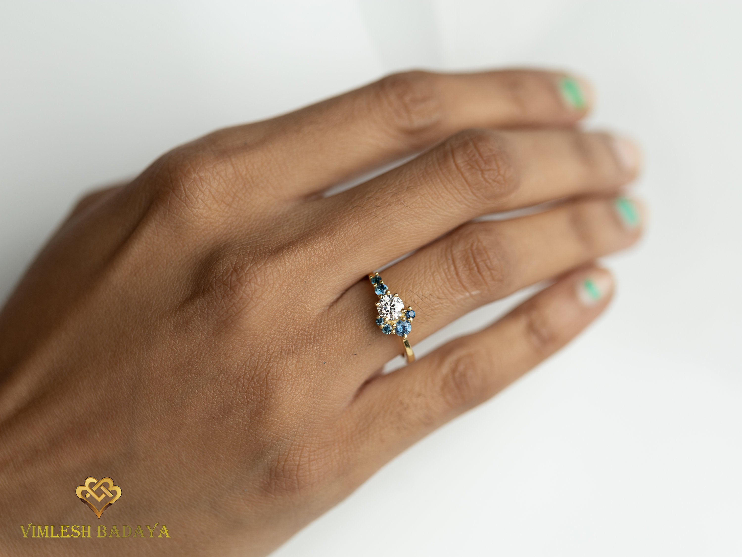 Certified Lab-Grown Diamond Cluster Ring | Diamond & Emerald Engagement Ring -
