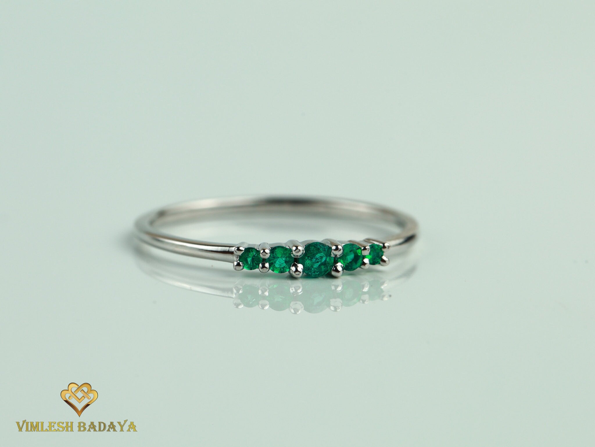 Emerald Stacking Ring | Dainty 5-Stone Emerald Ring | May Birthstone Gold Ring -
