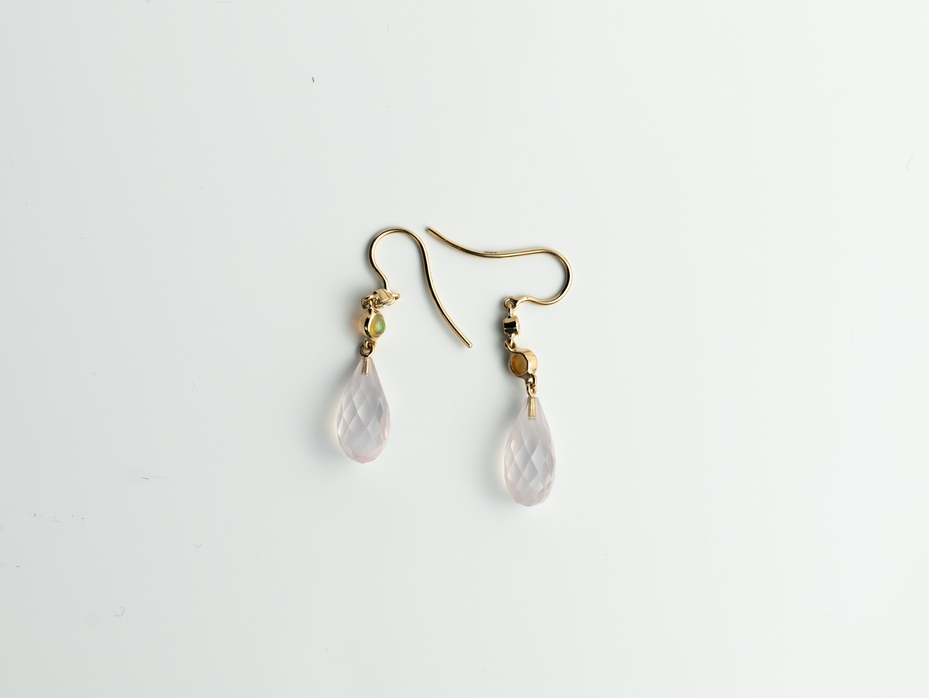 Rose Quartz & Opal Dangle Earrings in Solid Gold | Pink Quartz Earrings | Gift for Her | Birthday & Anniversary Present -