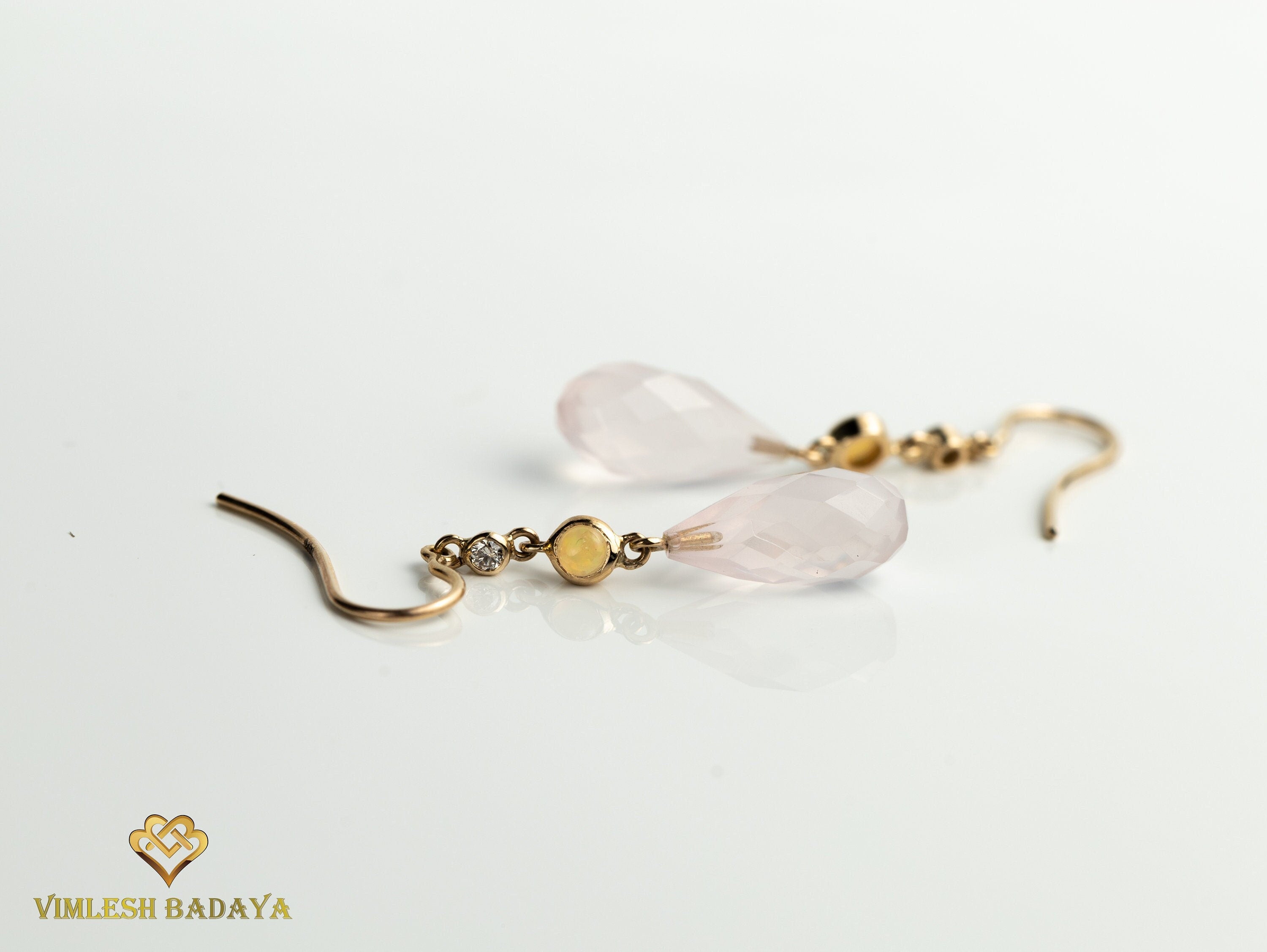 Rose Quartz & Opal Dangle Earrings in Solid Gold | Pink Quartz Earrings | Gift for Her | Birthday & Anniversary Present -
