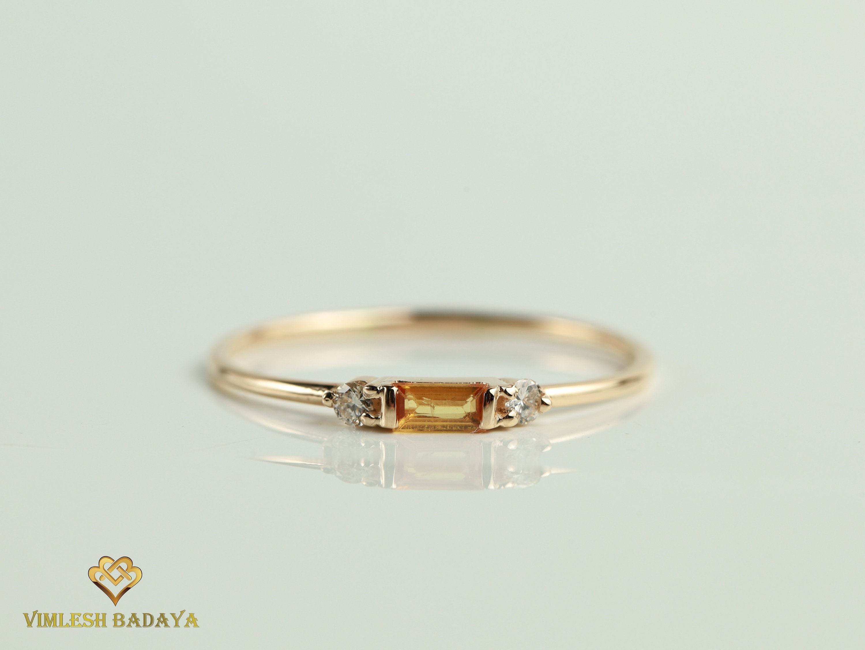 Yellow Sapphire Stacking Ring | Sapphire Baguette Gold Diamond Ring | Dainty Ring -