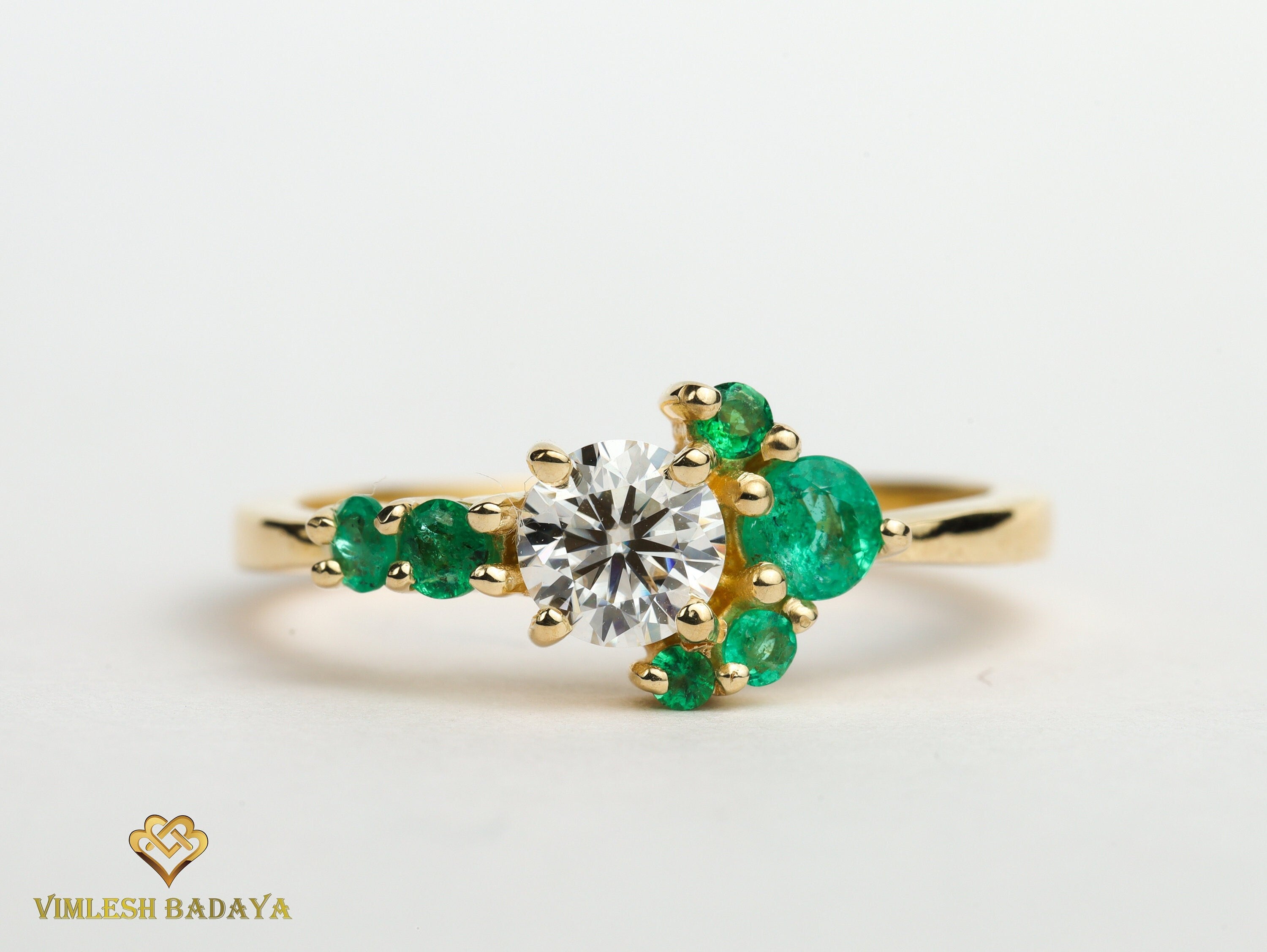 Certified Lab-Grown Diamond Cluster Ring | Diamond & Emerald Engagement Ring -