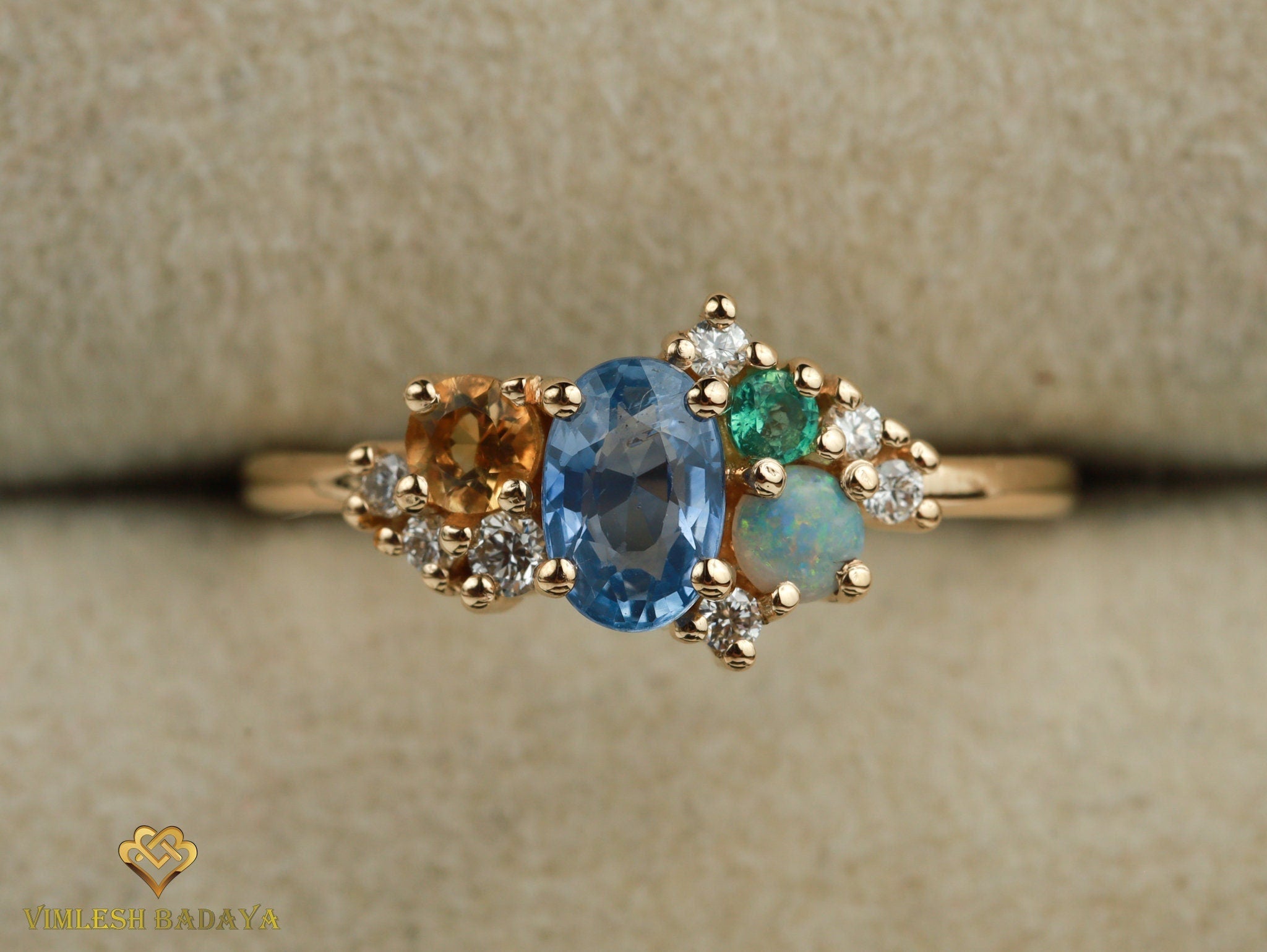 Blue Sapphire Cluster Ring | Australian Opal & Sapphire Engagement Ring | 14k Gold -