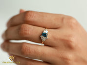 London Blue Topaz Diamond Moonstone Ring | Cluster Engagement Ring | Emerald Cut Blue Topaz Ring -