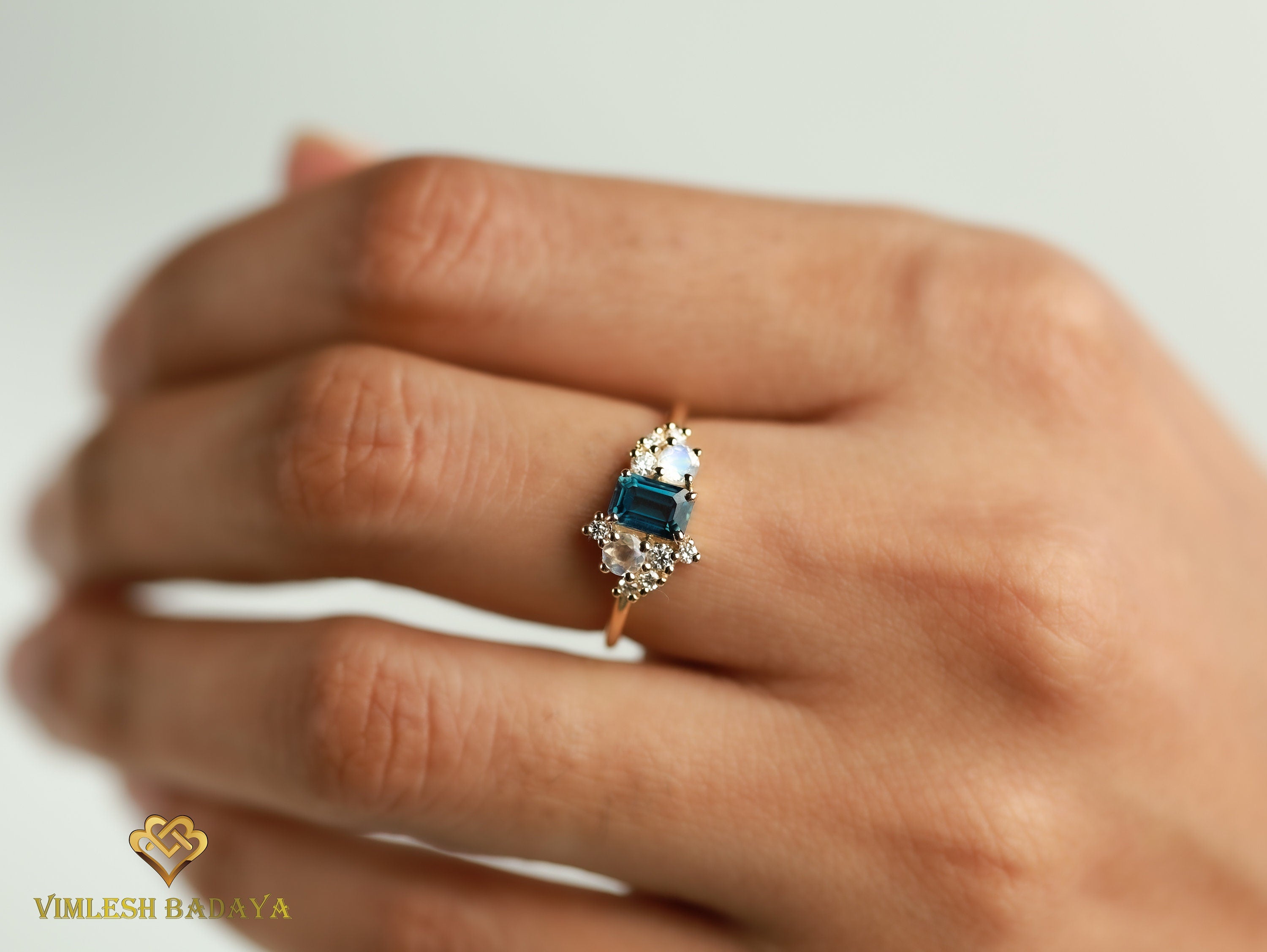 London Blue Topaz Diamond Moonstone Ring | Cluster Engagement Ring | Emerald Cut Blue Topaz Ring -