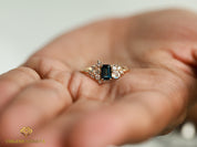 London Blue Topaz Diamond Moonstone Ring | Cluster Engagement Ring | Emerald Cut Blue Topaz Ring -