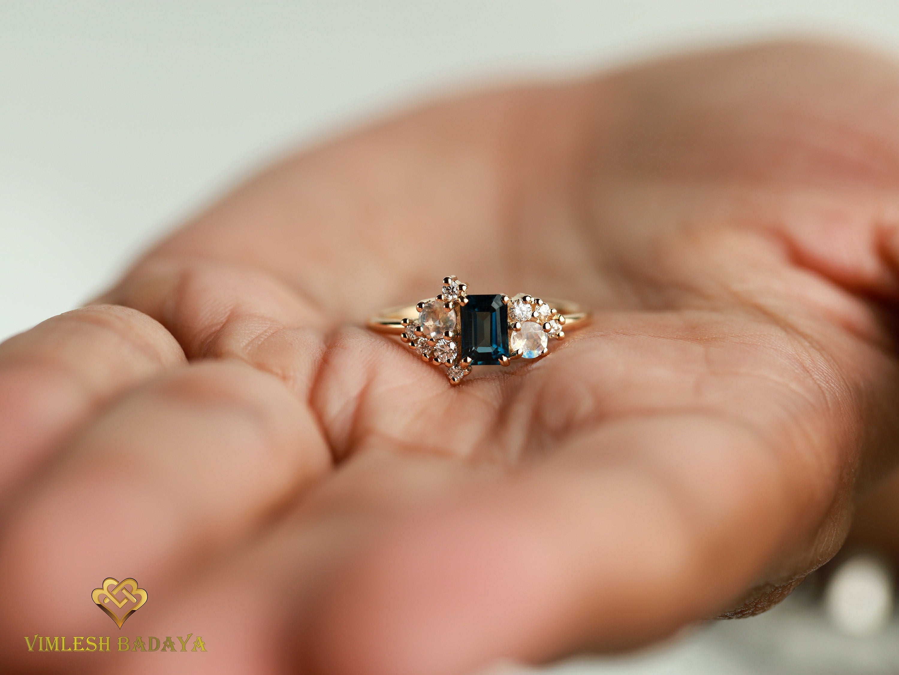 London Blue Topaz Diamond Moonstone Ring | Cluster Engagement Ring | Emerald Cut Blue Topaz Ring -