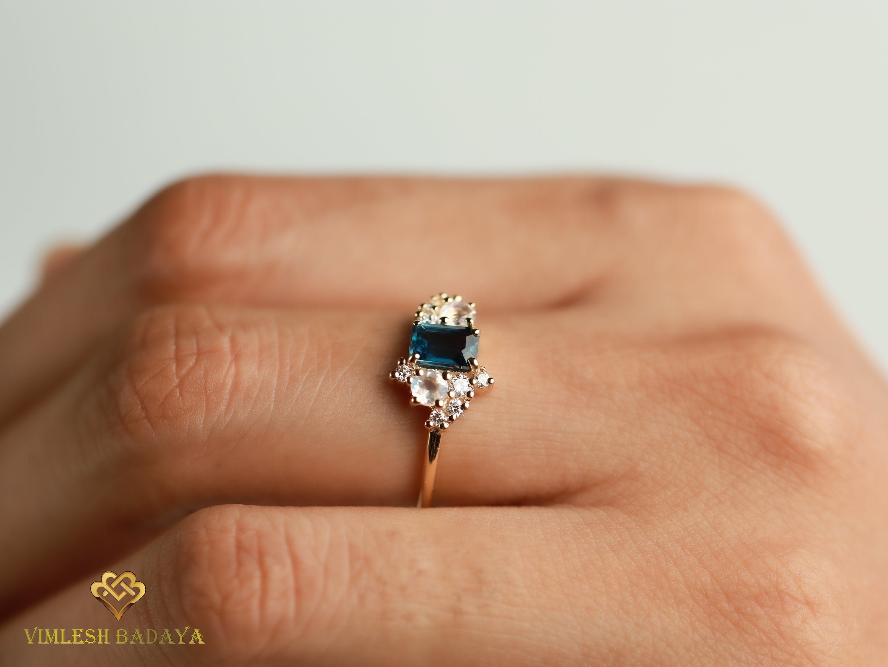 London Blue Topaz Diamond Moonstone Ring | Cluster Engagement Ring | Emerald Cut Blue Topaz Ring -