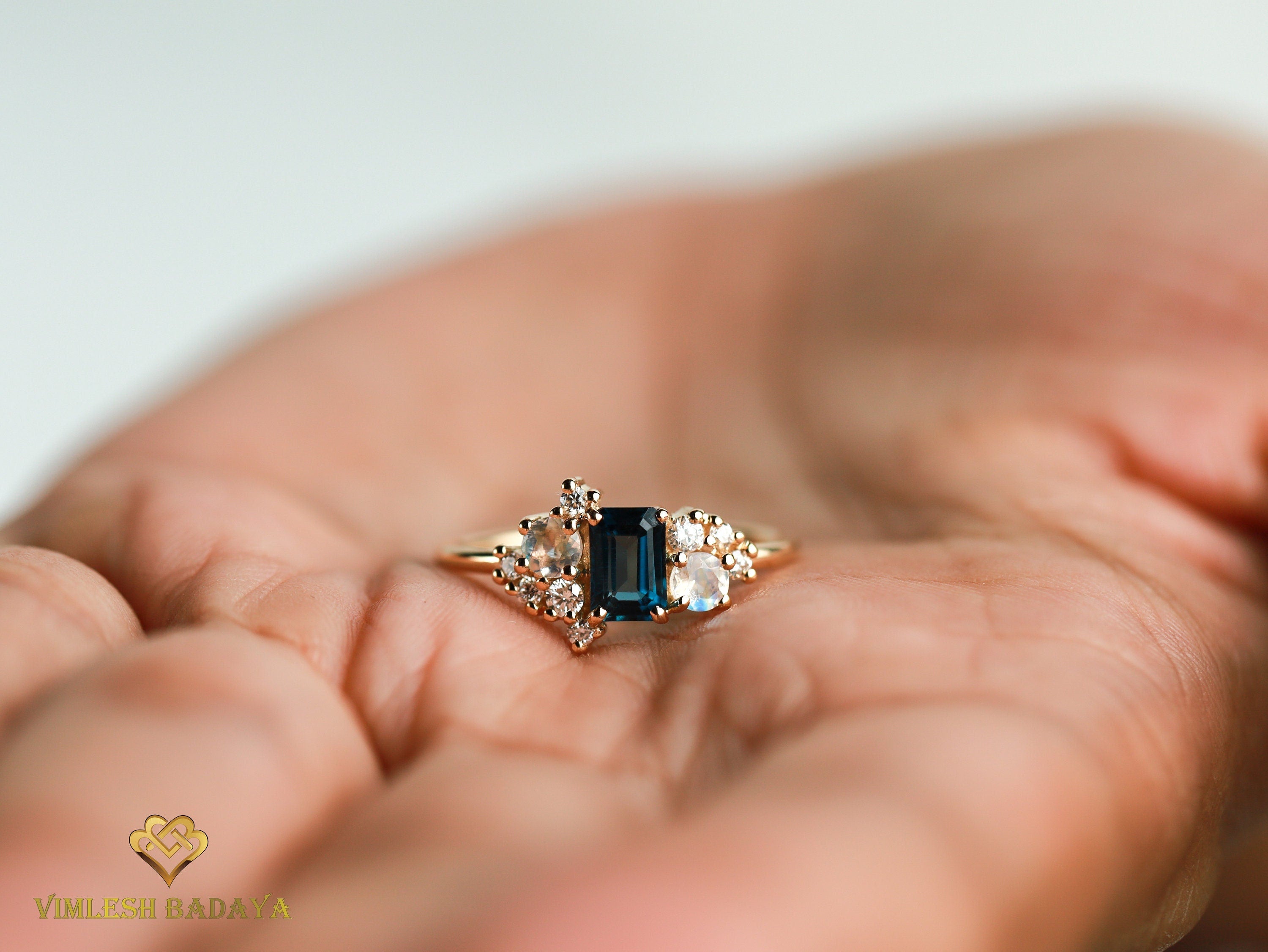 London Blue Topaz Diamond Moonstone Ring | Cluster Engagement Ring | Emerald Cut Blue Topaz Ring -