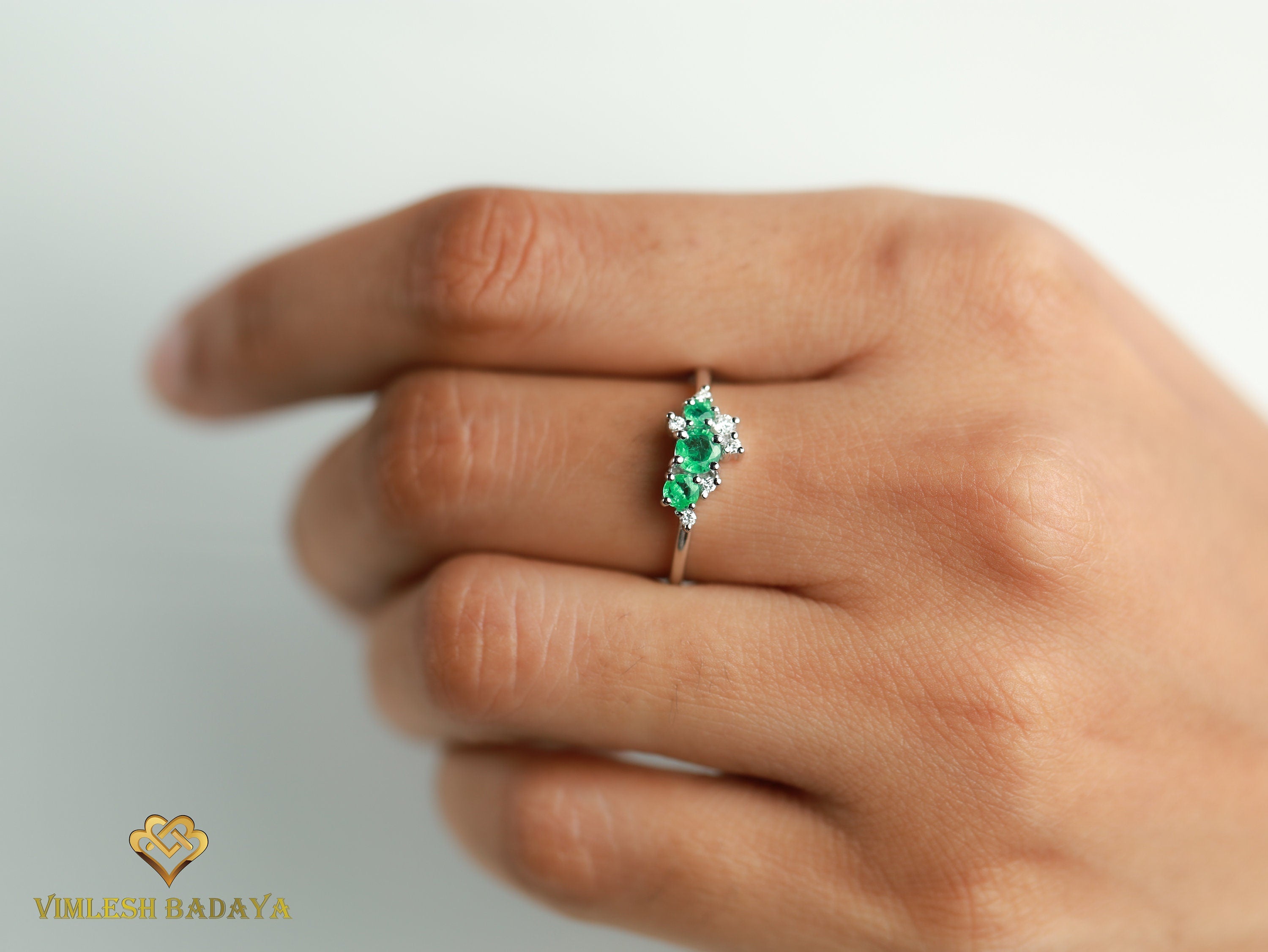 Emerald Diamond Cluster Ring | Green Emerald Engagement Ring with Diamond Cluster -