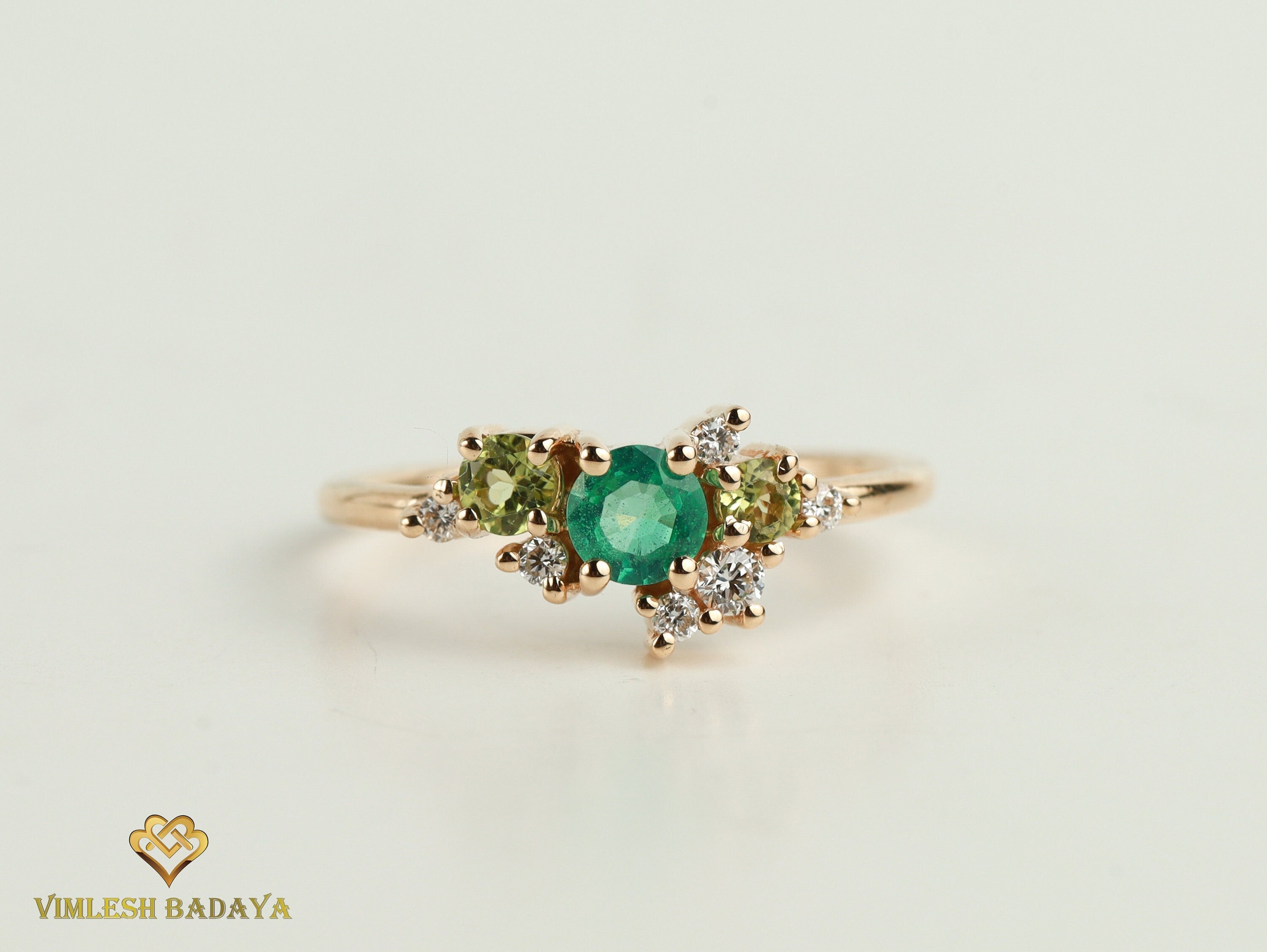 Emerald & Peridot Cluster Ring | Green Emerald | Cluster Diamond Engagement Ring -