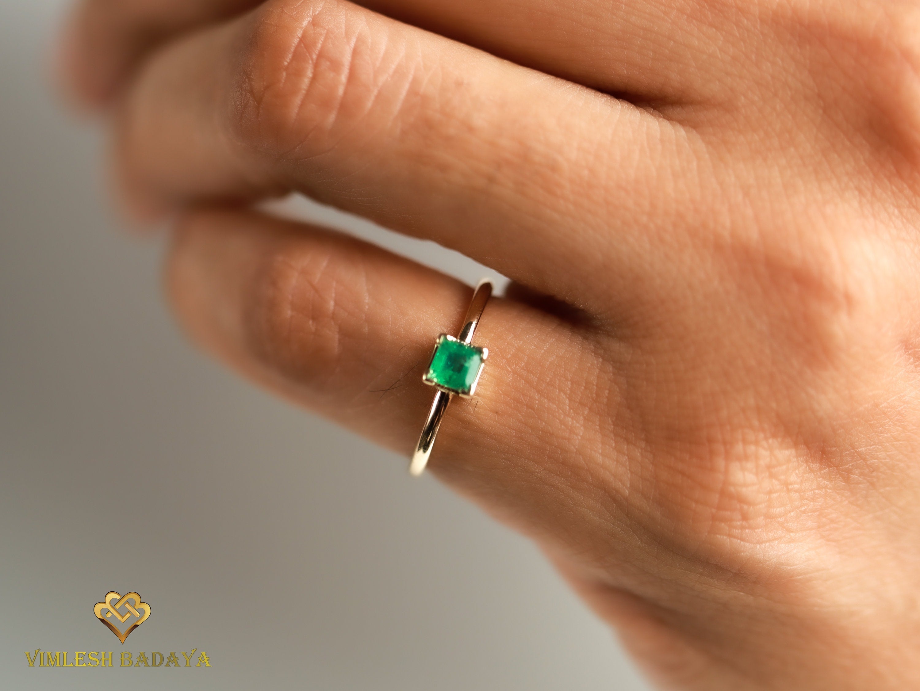 Natural Emerald Stacking Ring | Square Emerald Band | Dainty Promise Ring in Gold -