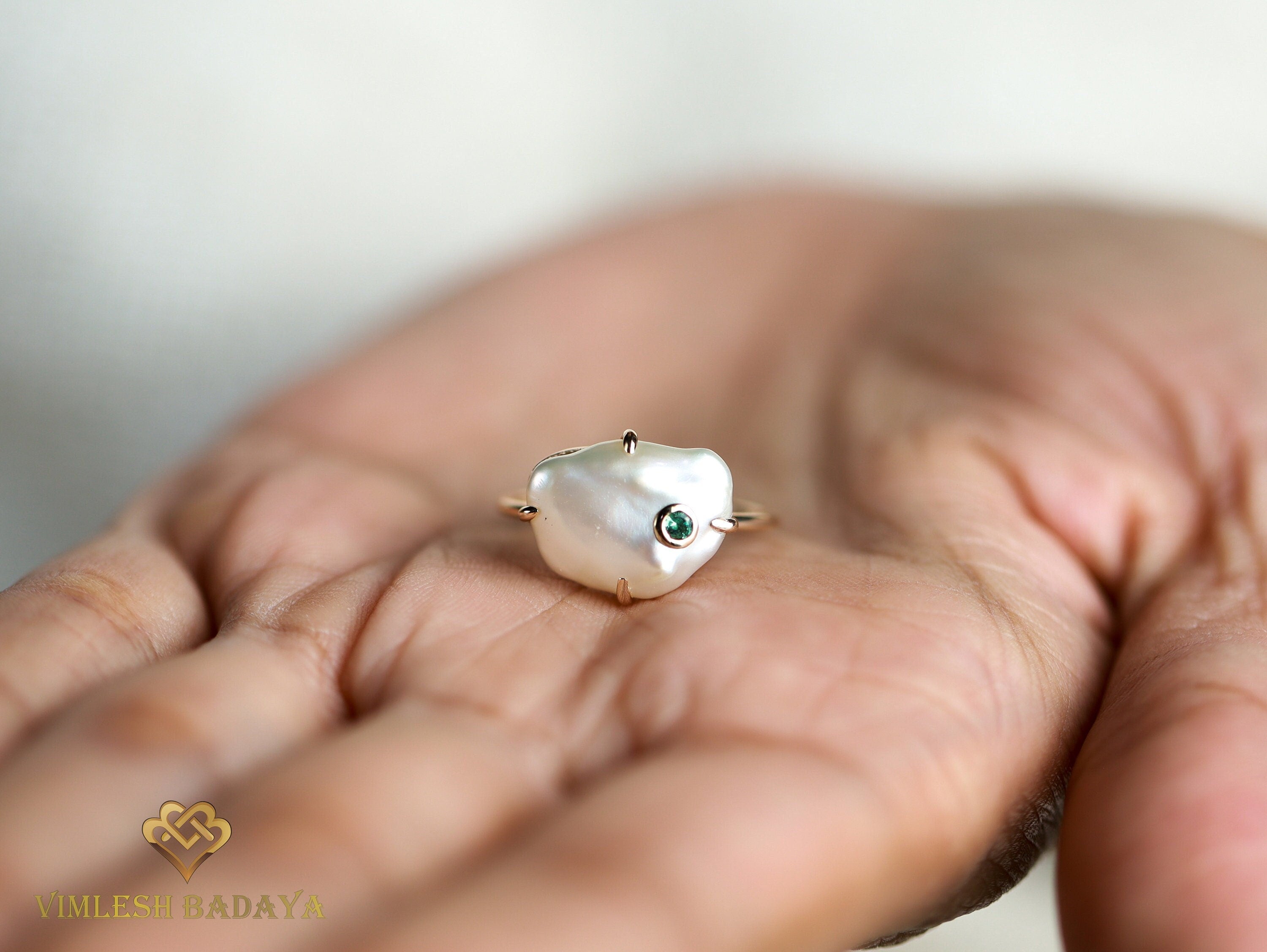 Baroque Pearl and Emerald Ring | Solid Gold Pearl Ring | Unique Gift for Her -