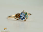 Blue Sapphire Cluster Ring | Australian Opal & Sapphire Engagement Ring | 14k Gold -