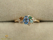 Blue Sapphire Cluster Ring | Australian Opal & Sapphire Engagement Ring | 14k Gold -