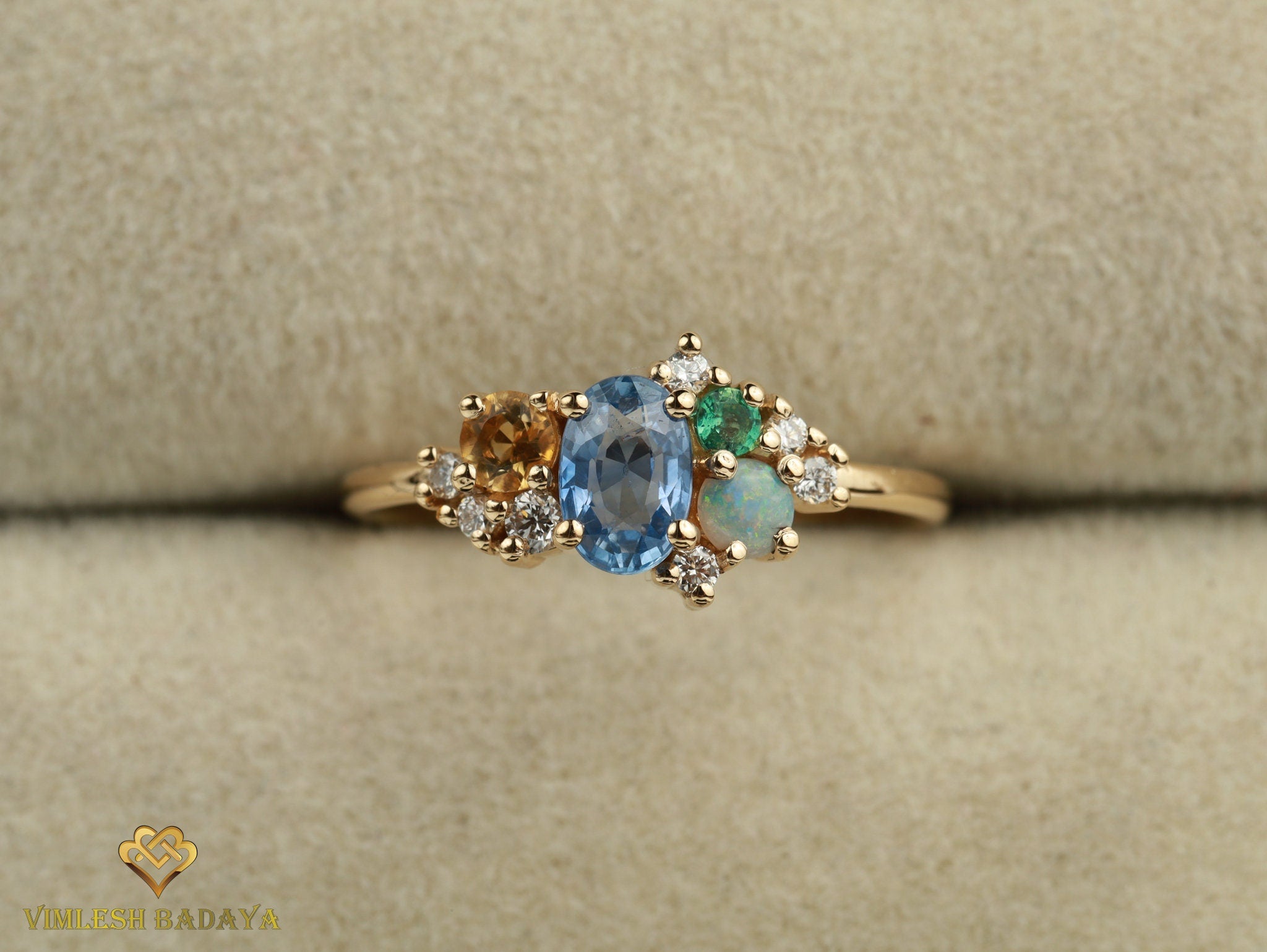 Blue Sapphire Cluster Ring | Australian Opal & Sapphire Engagement Ring | 14k Gold -