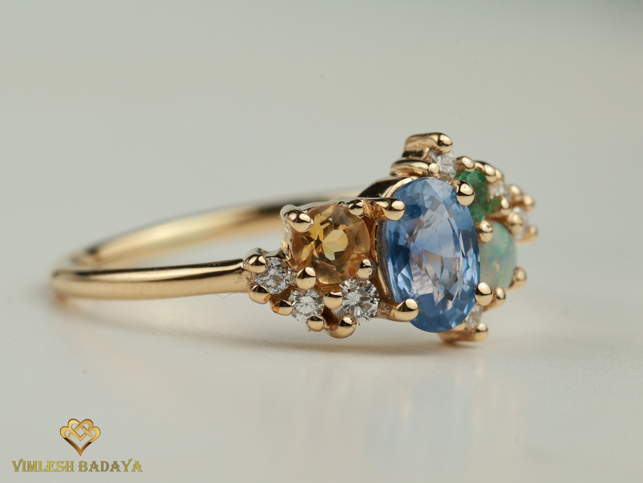 Blue Sapphire Cluster Ring | Australian Opal & Sapphire Engagement Ring | 14k Gold -