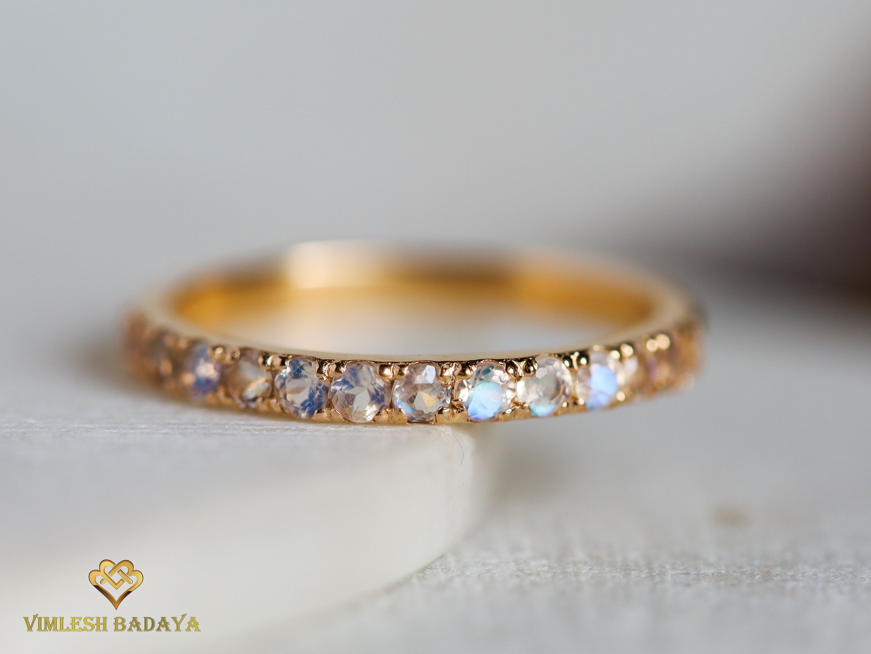 Rainbow Moonstone Wedding Band | Half Eternity | 14k Gold Pave -