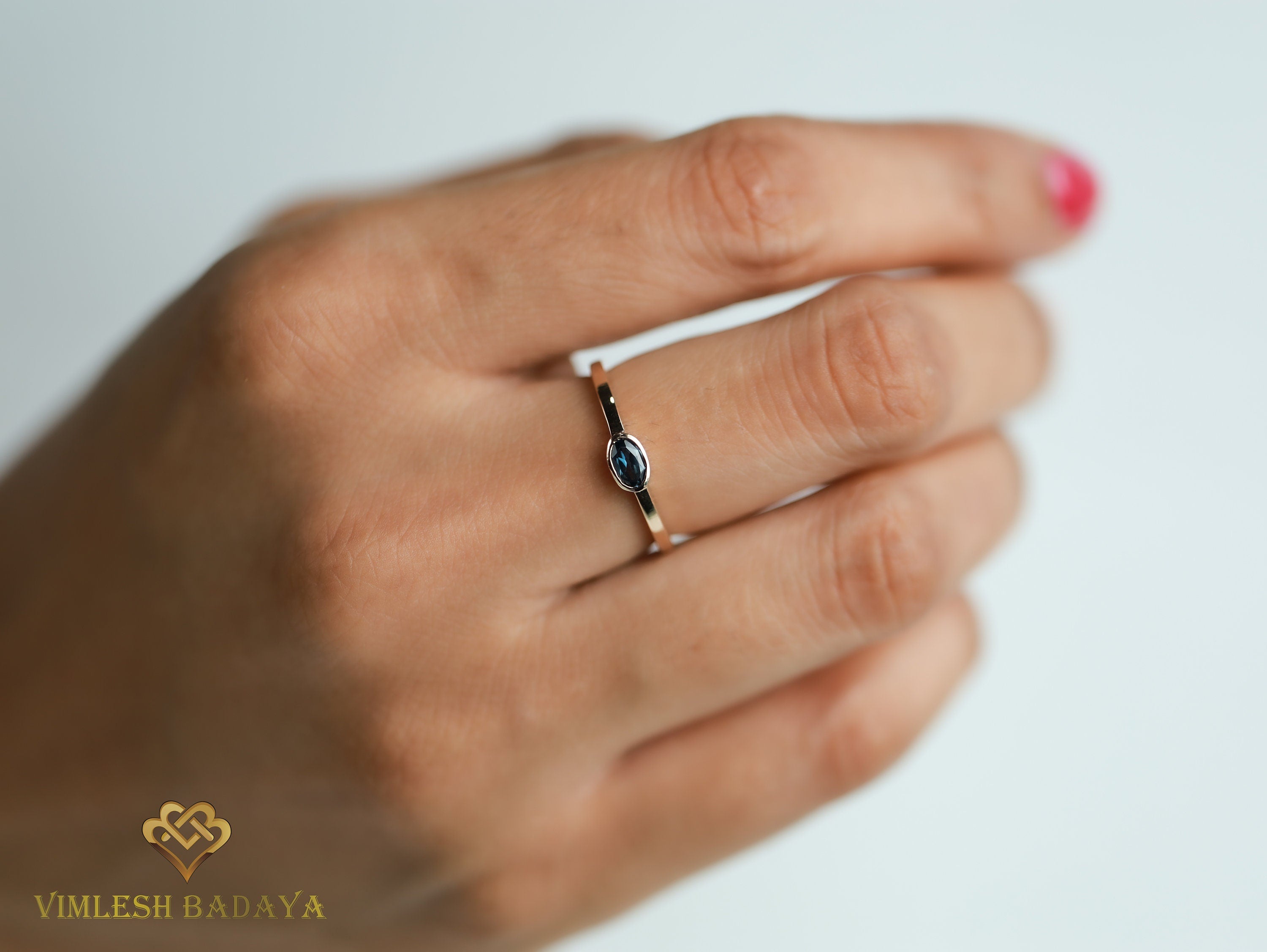Oval Teal Sapphire Stacking Ring | Parti Sapphire Bezel Setting | Dainty Sapphire Ring -