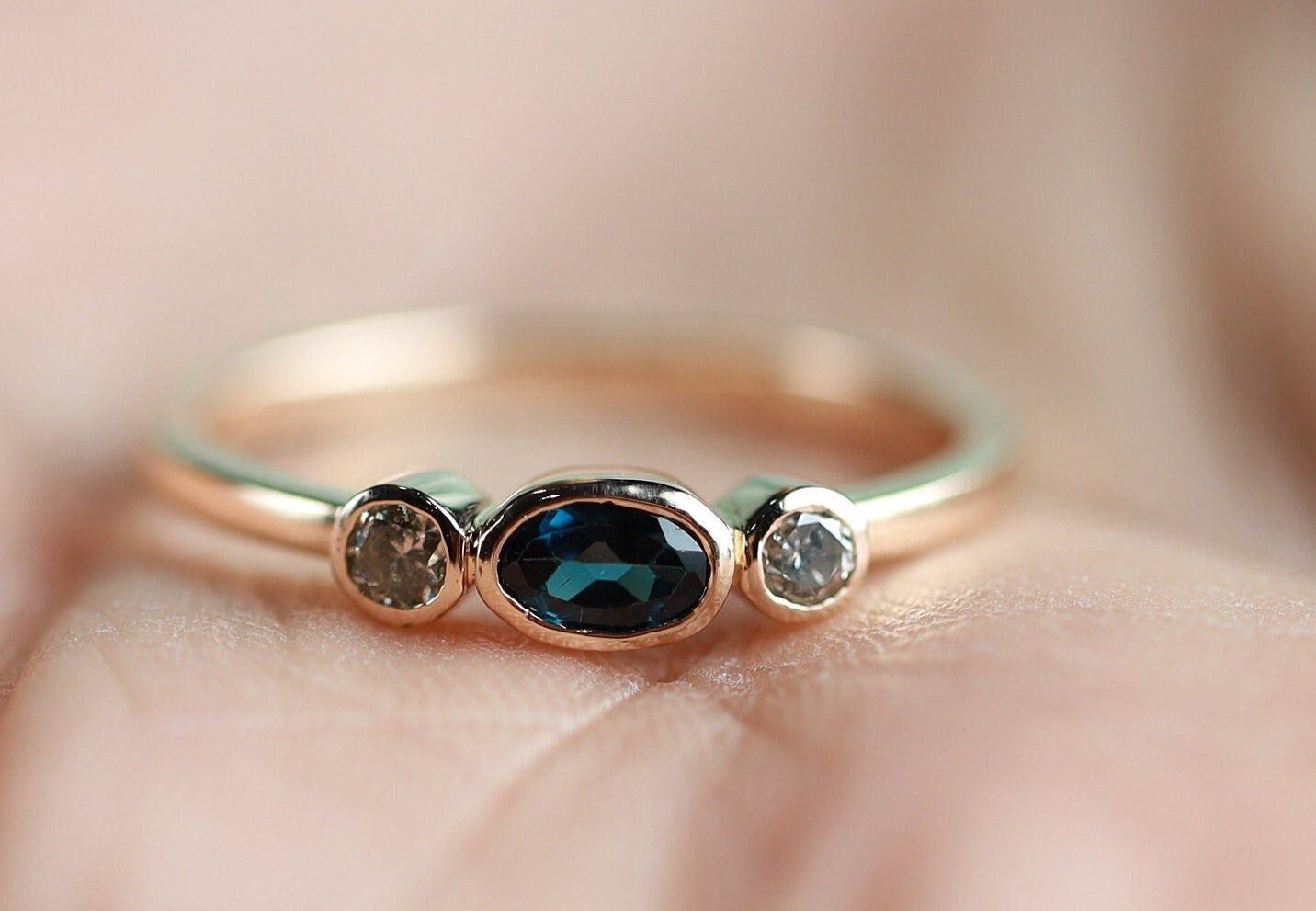 Oval Teal Sapphire Salt Pepper Diamond Engagement Ring | Bi-Color Sapphire & Gray Diamond Ring -