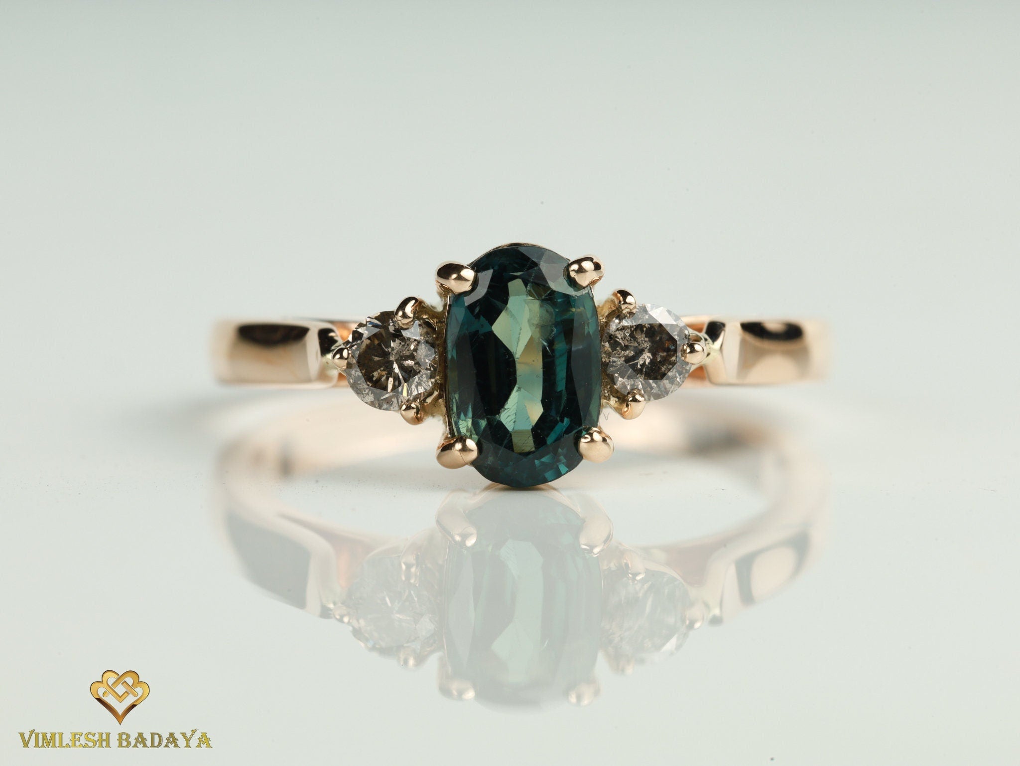 Teal Sapphire and Salt Pepper Diamond Engagement Ring | Australian Sapphire Gray Diamond -