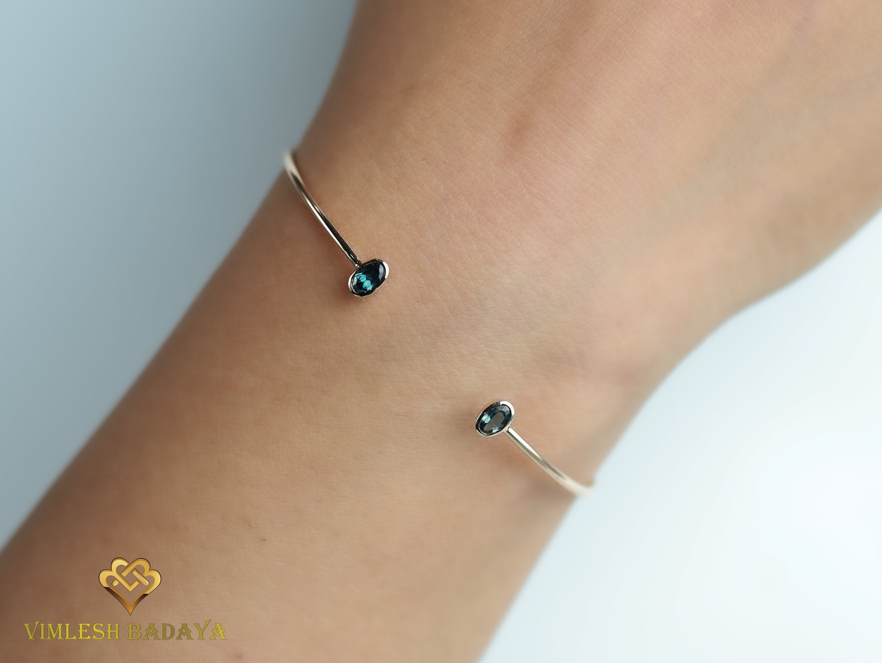 Teal Sapphire Adjustable Cuff Bangle | Oval Cut Peacock Sapphire | Australian Sapphire Gold Bangle -