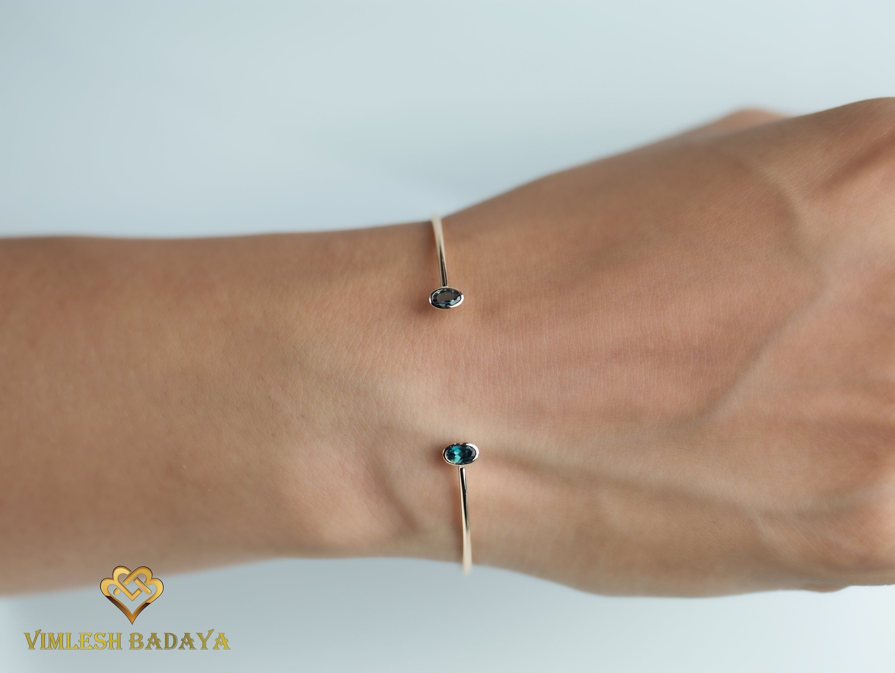 Teal Sapphire Adjustable Cuff Bangle | Oval Cut Peacock Sapphire | Australian Sapphire Gold Bangle -