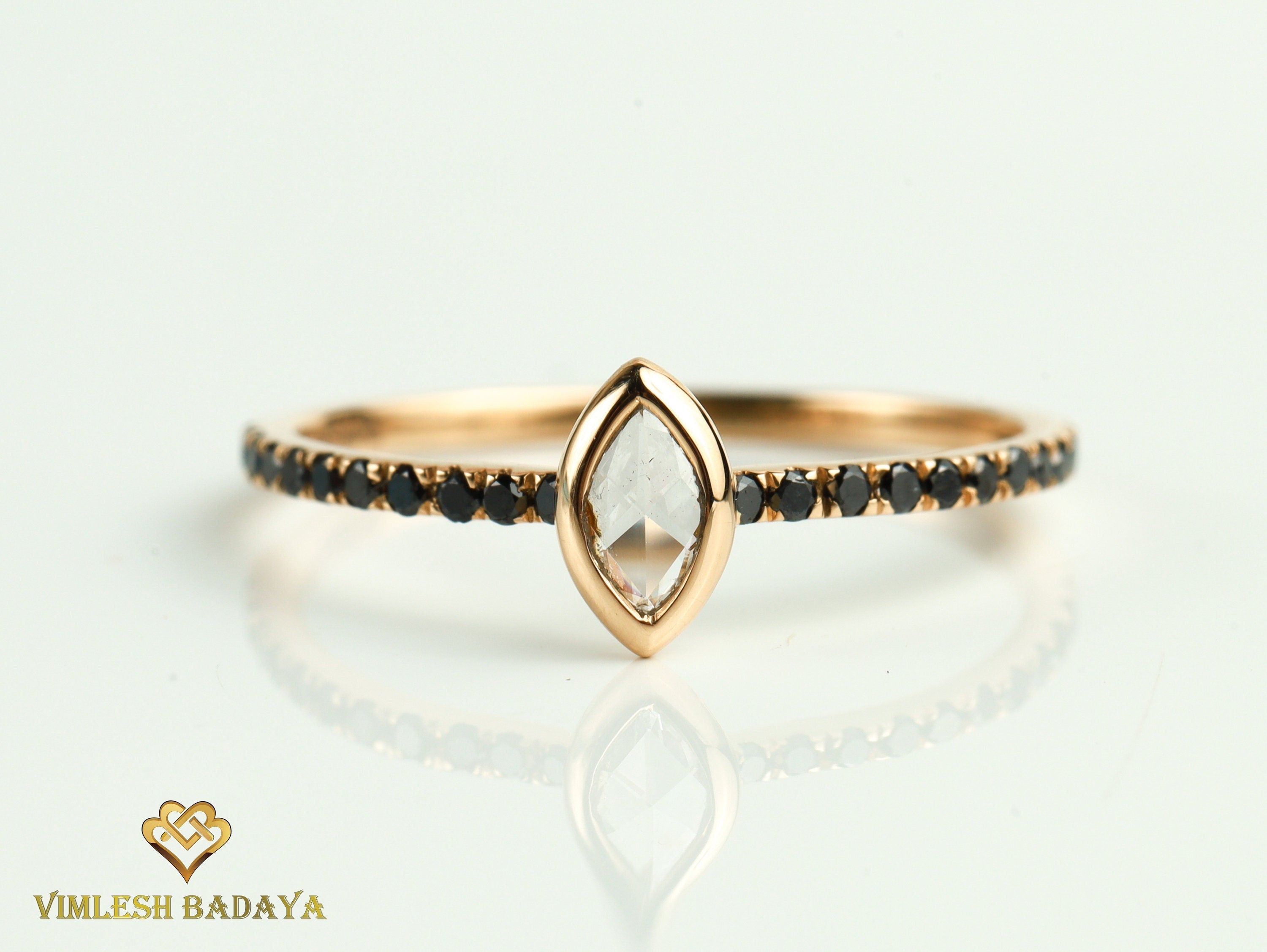 Diamond Stacking Ring | Rose Cut Marquise Diamond, Geometric Shape, Black Diamond, Gold Ring -