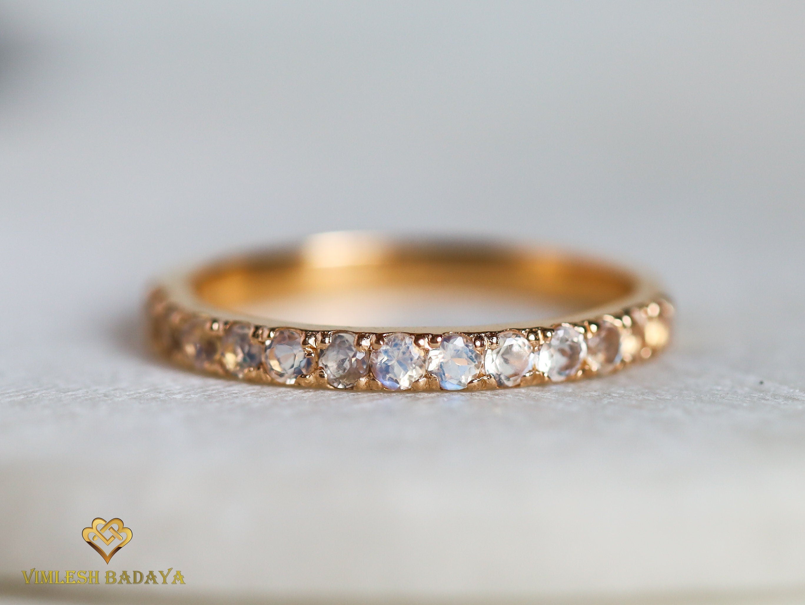 Rainbow Moonstone Wedding Band | Half Eternity | 14k Gold Pave -