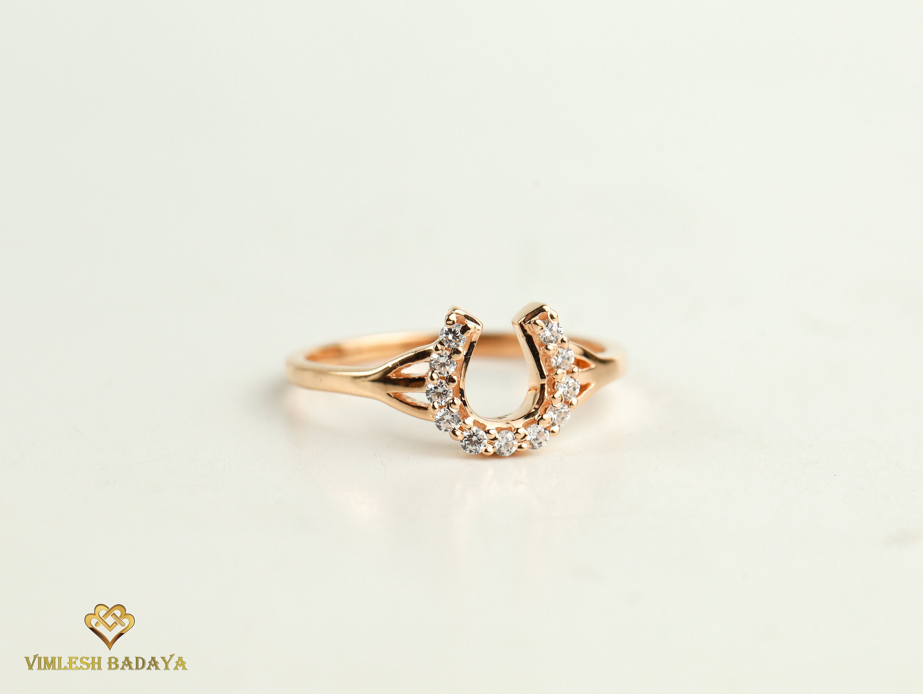 Horseshoe Diamond Ring | Lucky Gold Gift for Her | Anniversary Charm Ring -