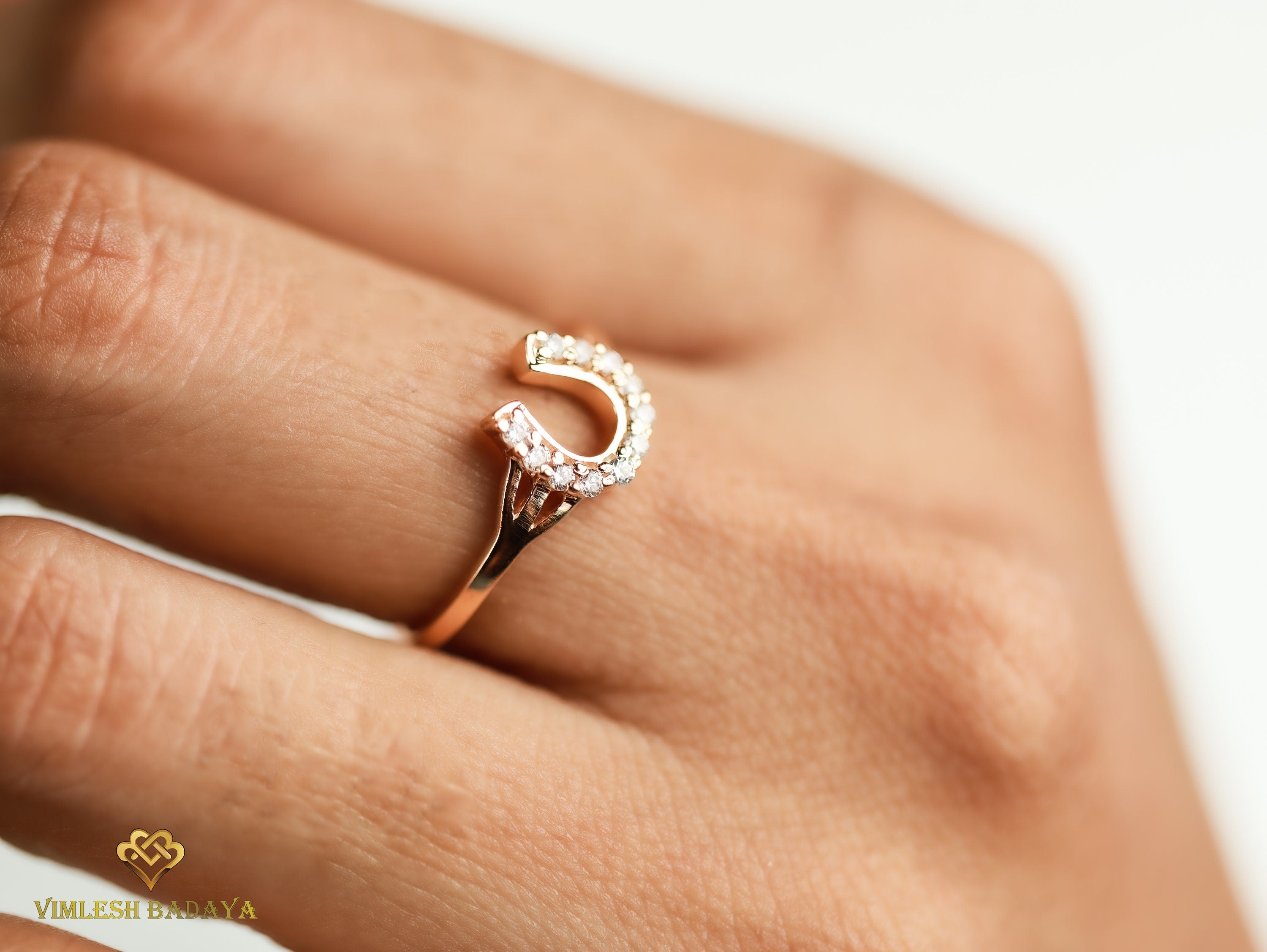 Horseshoe Diamond Ring | Lucky Gold Gift for Her | Anniversary Charm Ring -