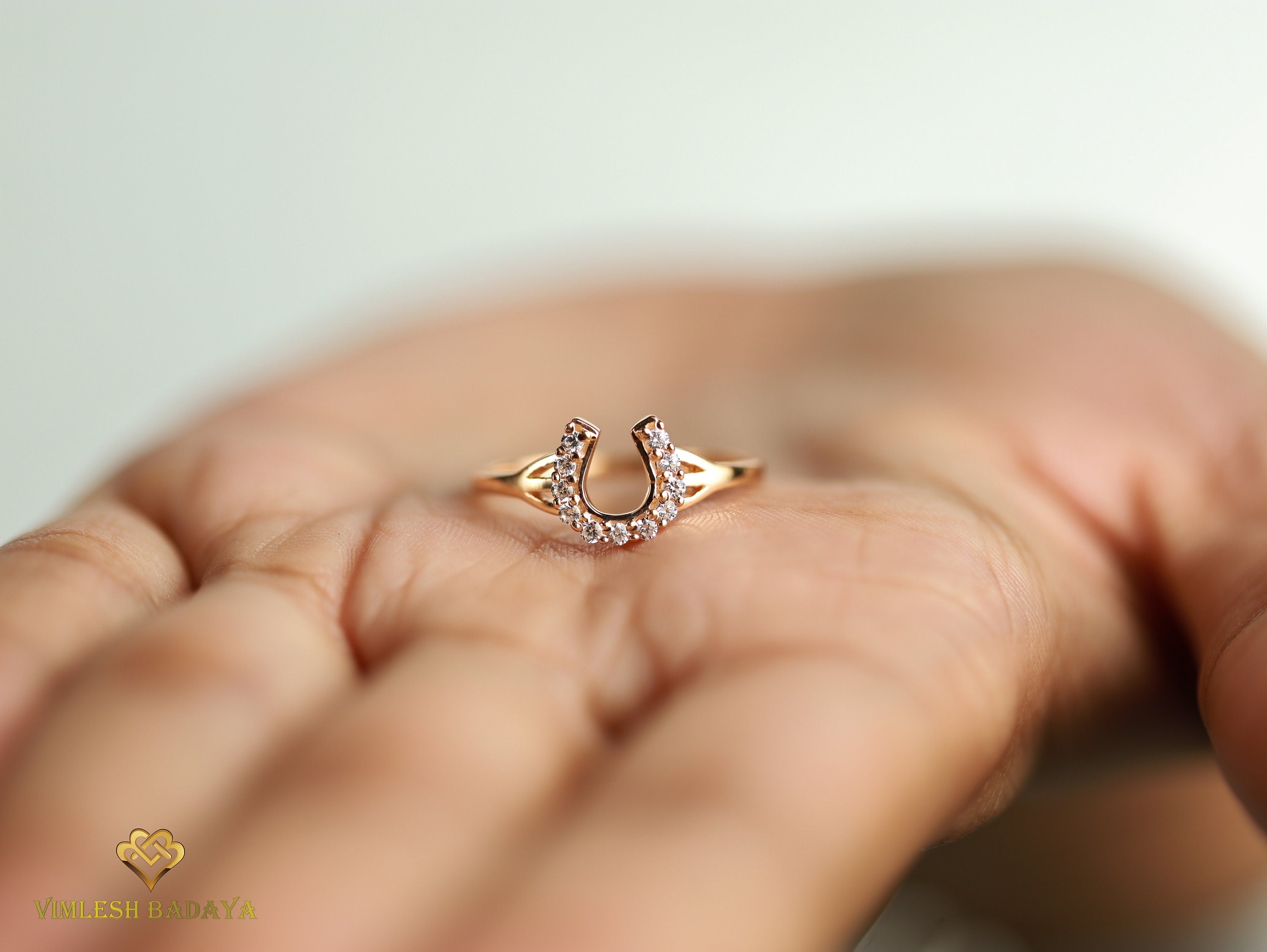 Horseshoe Diamond Ring | Lucky Gold Gift for Her | Anniversary Charm Ring -