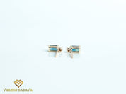 Natural Teal Sapphire Earrings | Sapphire & Diamond Baguette Earrings | Solid Gold Studs for Her -