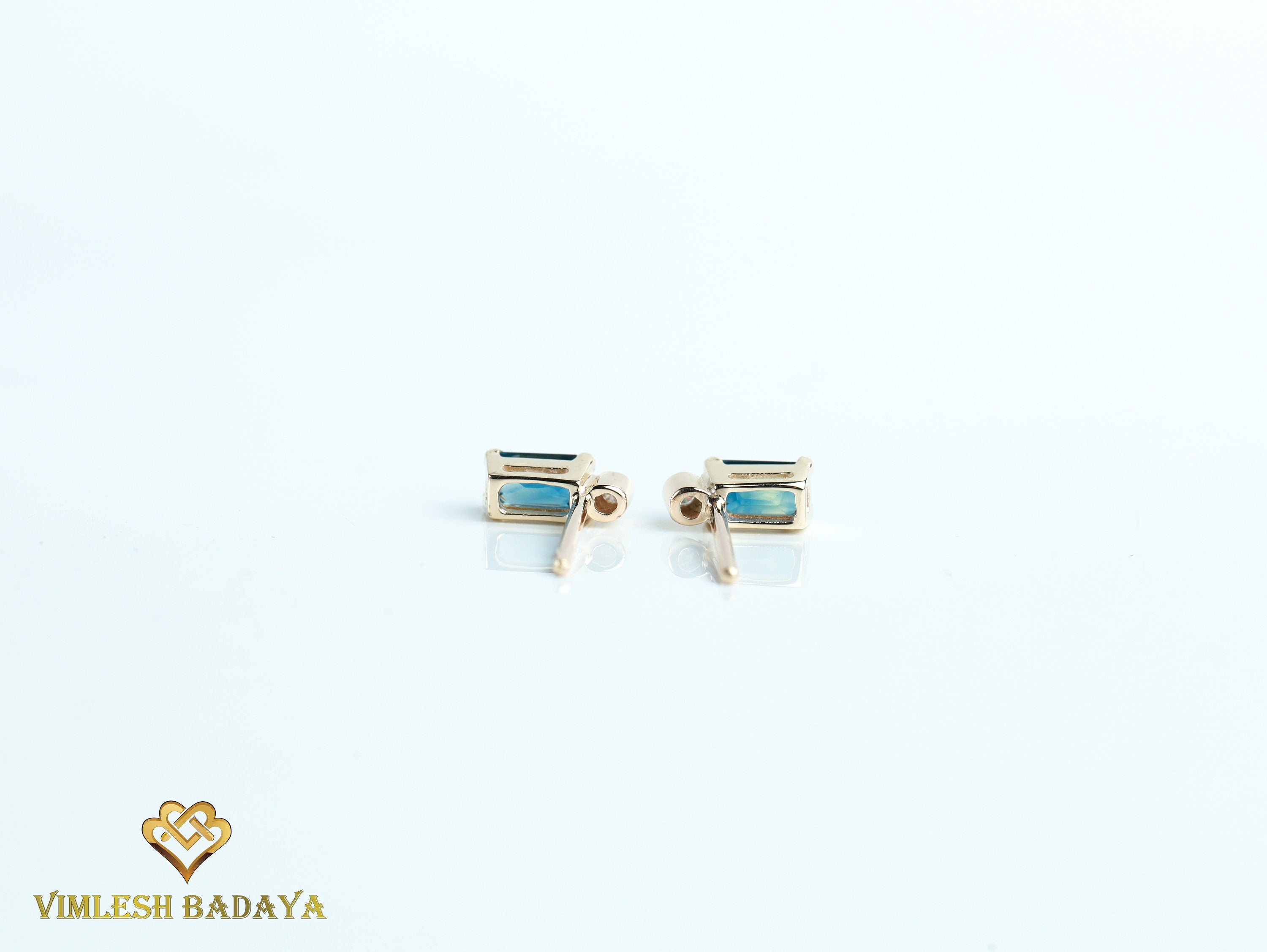 Natural Teal Sapphire Earrings | Sapphire & Diamond Baguette Earrings | Solid Gold Studs for Her -