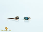 Natural Teal Sapphire Earrings | Sapphire & Diamond Baguette Earrings | Solid Gold Studs for Her -