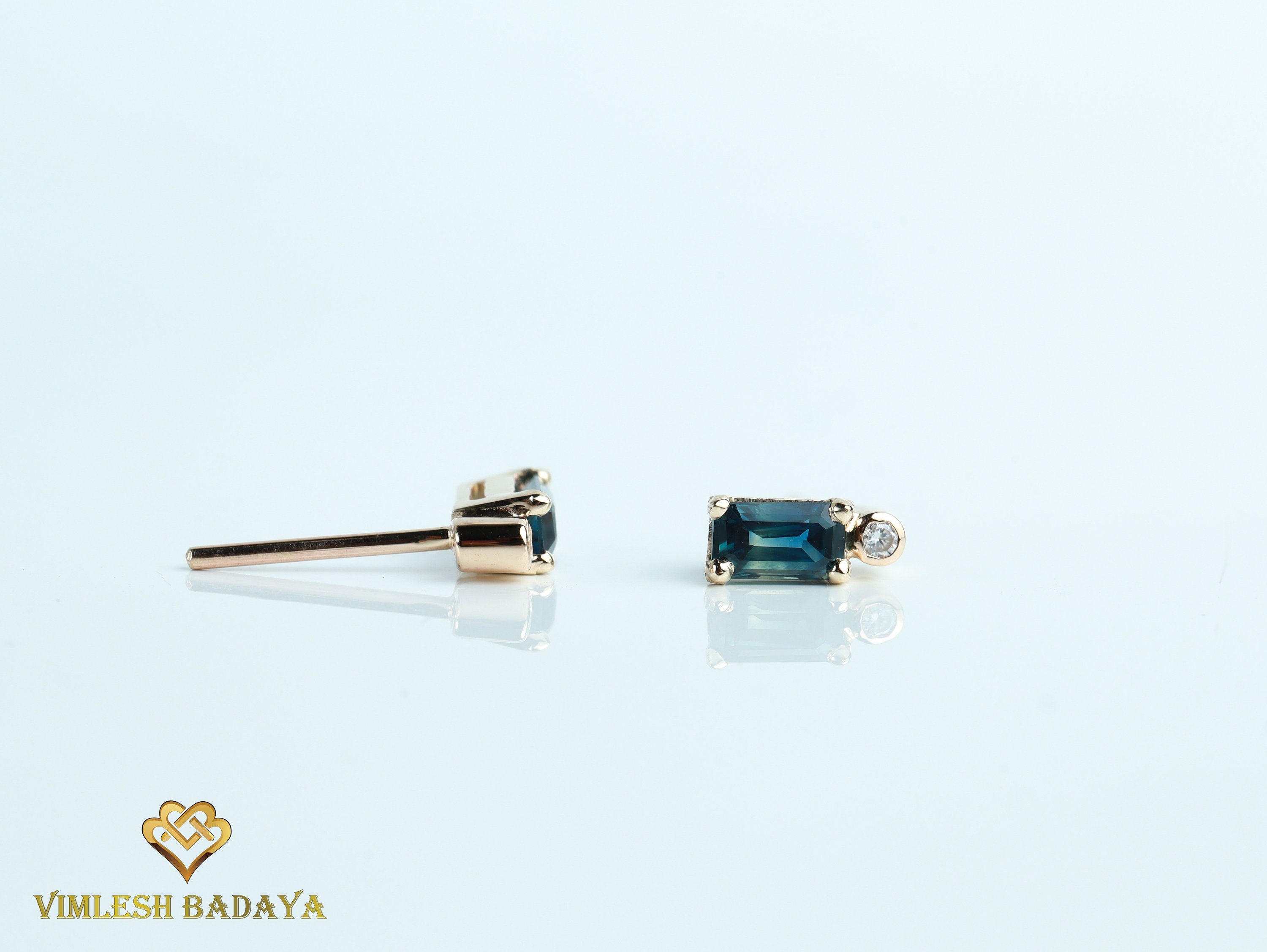 Natural Teal Sapphire Earrings | Sapphire & Diamond Baguette Earrings | Solid Gold Studs for Her -