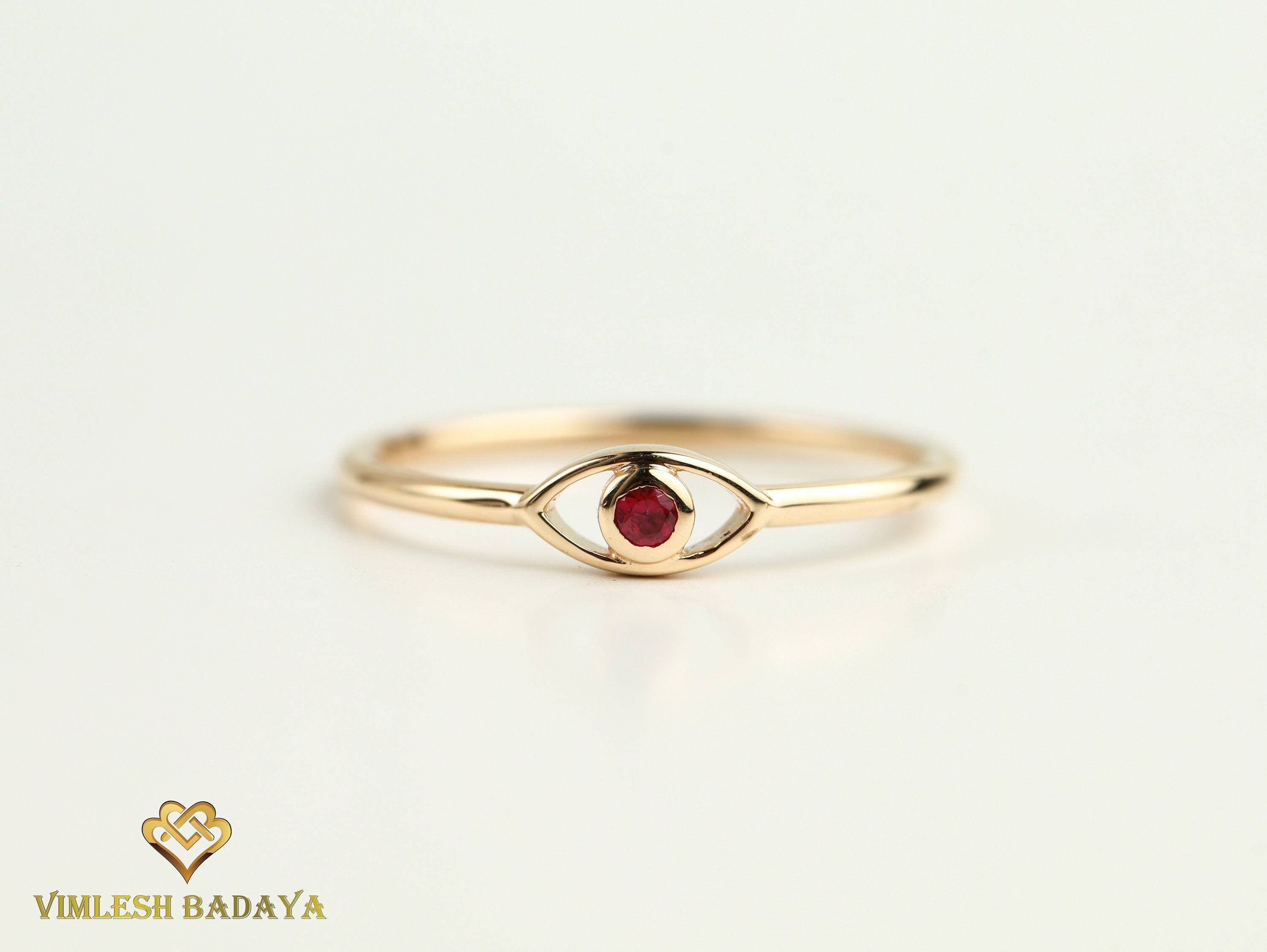 Ruby Evil Eye Ring | Dainty Ruby Stacking Ring | July Birthstone Gift for Her -