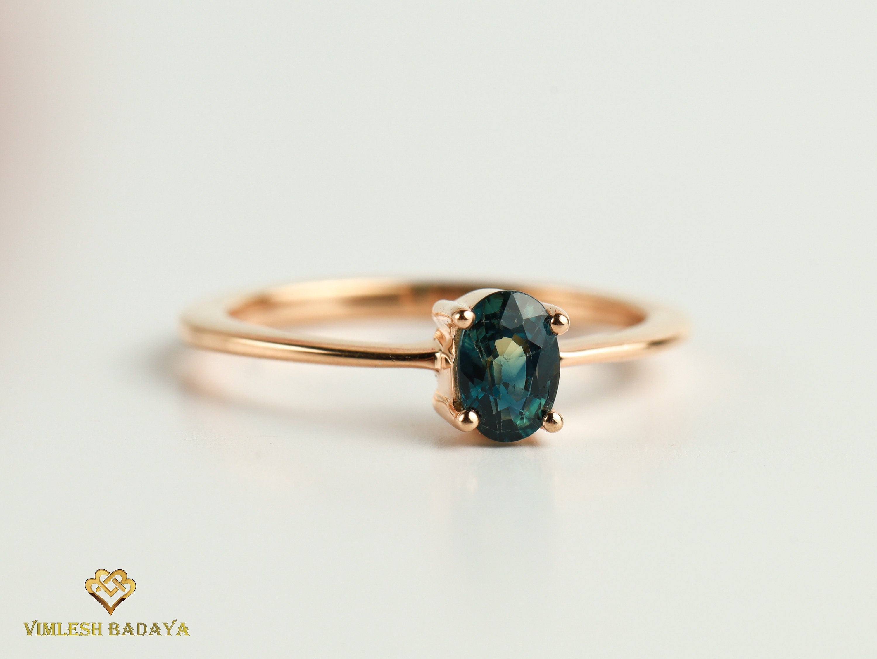 Parti Sapphire Ring | Teal Sapphire Ring | Dainty Sapphire Stacking Ring in Solid Gold -