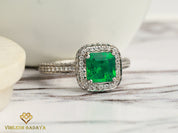 1.2 Carat Natural Emerald Engagement Ring | Square Emerald & Diamond Halo Ring -