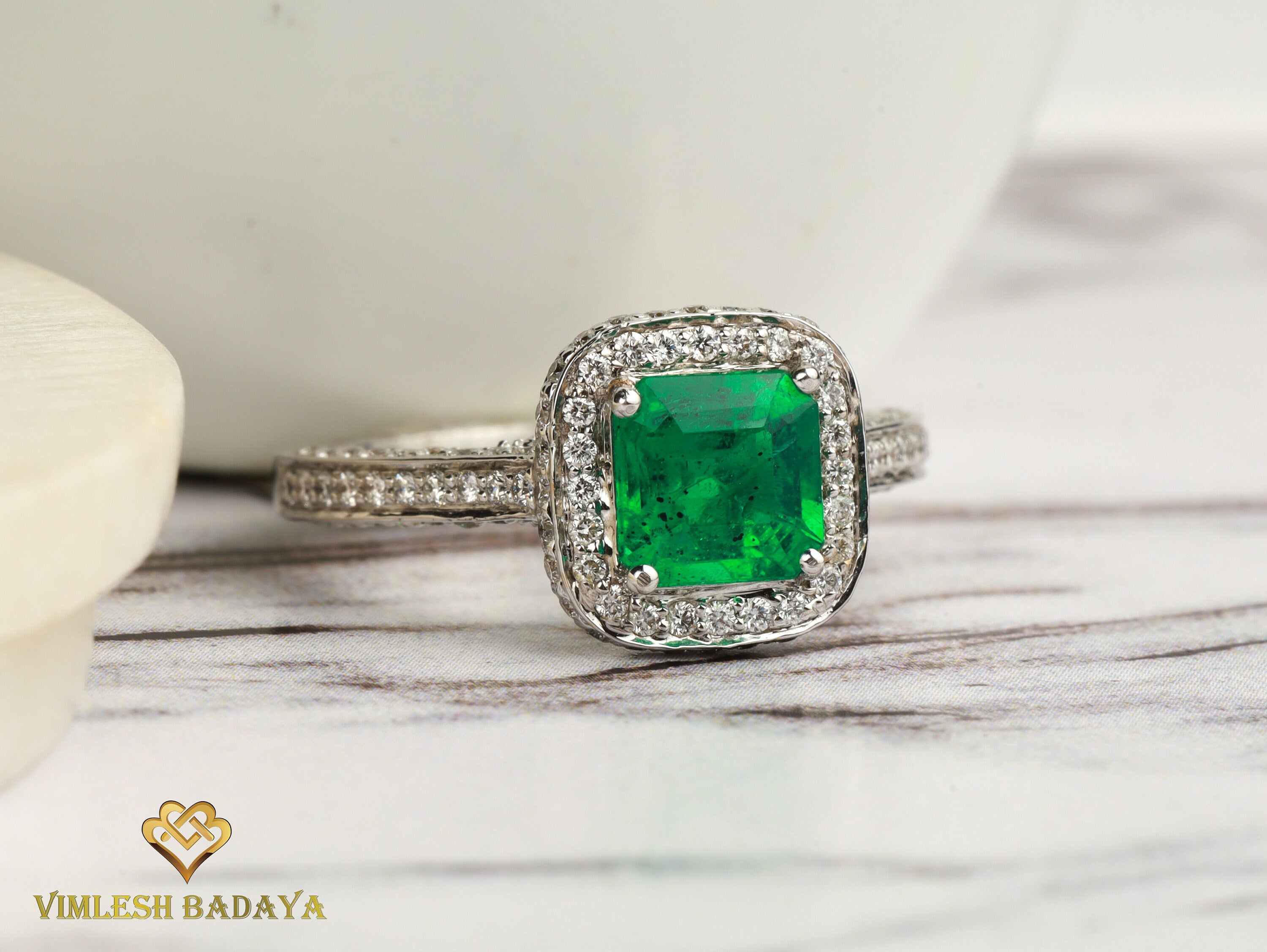 1.2 Carat Natural Emerald Engagement Ring | Square Emerald & Diamond Halo Ring -