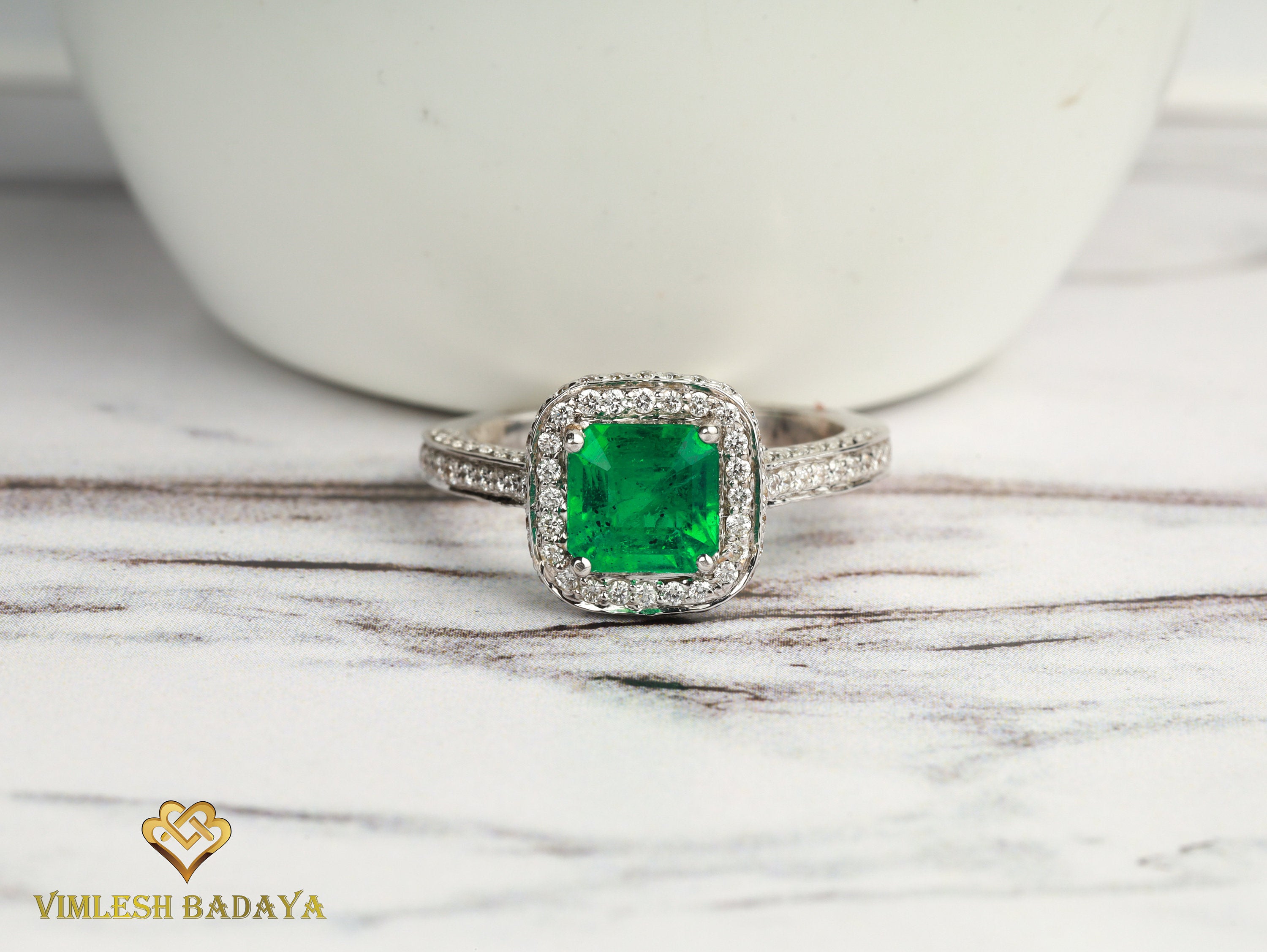 1.2 Carat Natural Emerald Engagement Ring | Square Emerald & Diamond Halo Ring -